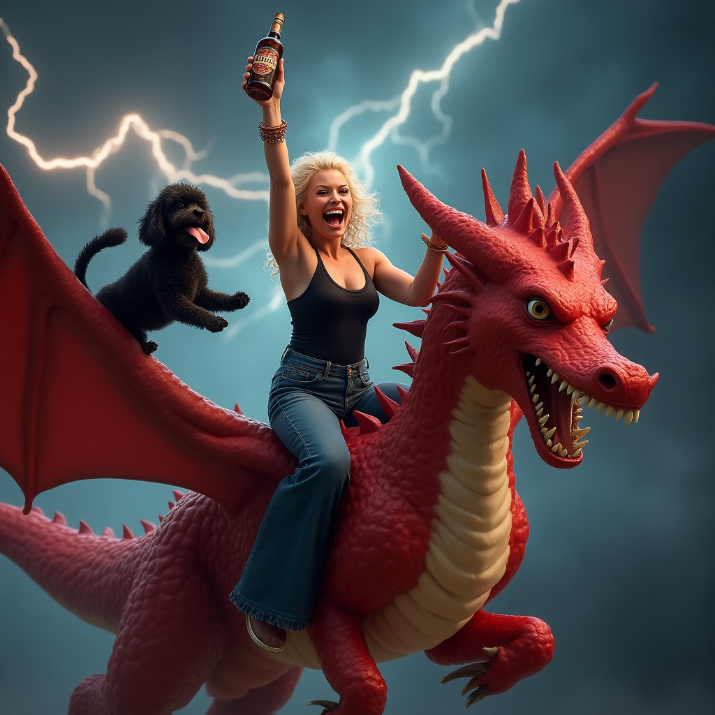 ### Prompt for Image

At the top of the Photorealistic picture taken from a camera image, add the text: **Happy Birthday Mandie**

Create an ultra-high-definition 4K UHD photograph capturing an exhilarating scene of Mandie joyously riding Meleys, the large red dragon from the House of Dragon TV show. Mandie, exuding confidence and flair, is dressed in flared jeans and a black vest top. Her expression is one of pure delight as she sings ABBA tunes into a bottle of Disaronno she's holding aloft.

Adding a whimsical touch, there's a black poodle with its tongue playfully out, clutching onto one of the dragon's mighty wings. On the opposite wing, a larger brown poodle cross, equally exuberant, holds on with its tongue out, enjoying the thrilling ride.

The backdrop is a dramatic stormy night sky, alive with flashes of lightning that illuminate the scene with a dynamic and magical atmosphere. The combination of lifelike textures, accurate lighting, and a rich depth of field ensure the image feels vivid and real, capturing the joy and adventure of Mandie's birthday celebration.
Generated with these themes: .
Made with ❤️ by AI.