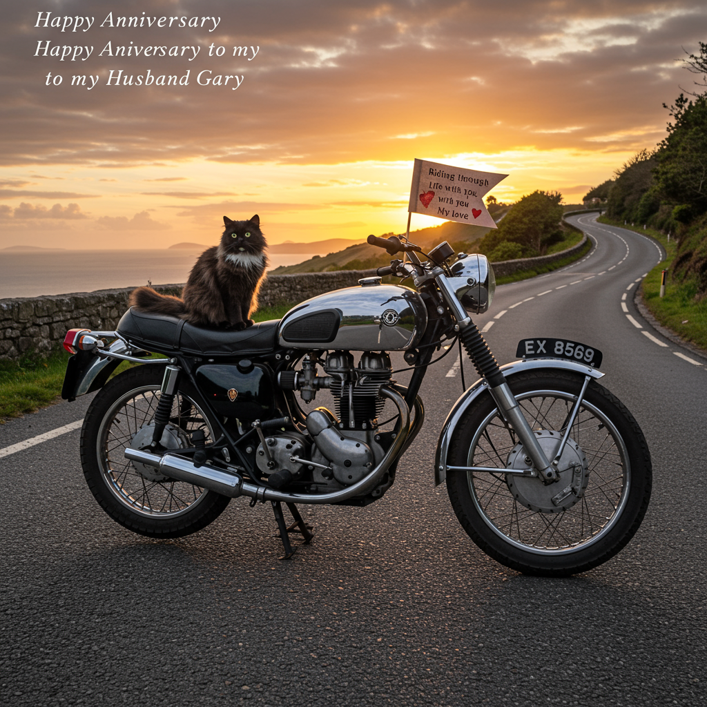 At the top of the Photorealistic picture taken from a camera image, "Happy Anniversary to my husband Gary"

---

**Scene Description:**

Imagine a picturesque scene on the iconic Isle of Man TT course, bathed in the golden glow of a setting sun. In the foreground, a sleek vintage motorbike stands proudly, its chrome gleaming under the warm light. Perched charmingly on the leather seat is a fluffy black cat, its green eyes gazing curiously into the camera, exuding an air of adventure and curiosity.

The background captures the winding roads of the Isle of Man, with a hint of the ocean's horizon in the distance. The sky above is painted with hues of orange, pink, and purple, creating a dreamy and romantic ambiance.

To the right of the motorbike, a whimsical detail adds a touch of humor: a small flag attached to the bike's handlebars with a heartwarming caption that reads, "Riding through life with you, my love."

The composition is captured in ultra-high-definition 4K, highlighting every texture, from the sleek motorbike's polished surfaces to the softness of the cat's fur, with perfect lighting and depth of field that brings this heartwarming anniversary scene to life.
Generated with these themes: Motorbikes, Black Cat, Isle of Man TT , and .
Made with ❤️ by AI.