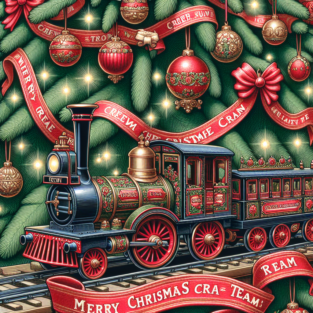 Vector image of a classic toy train with carriages carrying red ribbons labeled 'Merry Christmas from Crewe Clean Team', running around a beautifully decorated Victorian Christmas tree.
Generated with these interests: Victorian Christmas Tree, Red Ribbon with "Merry Christmas from Crewe Clean Team" written on it, and Toy train.
Made with ❤️ by AI.