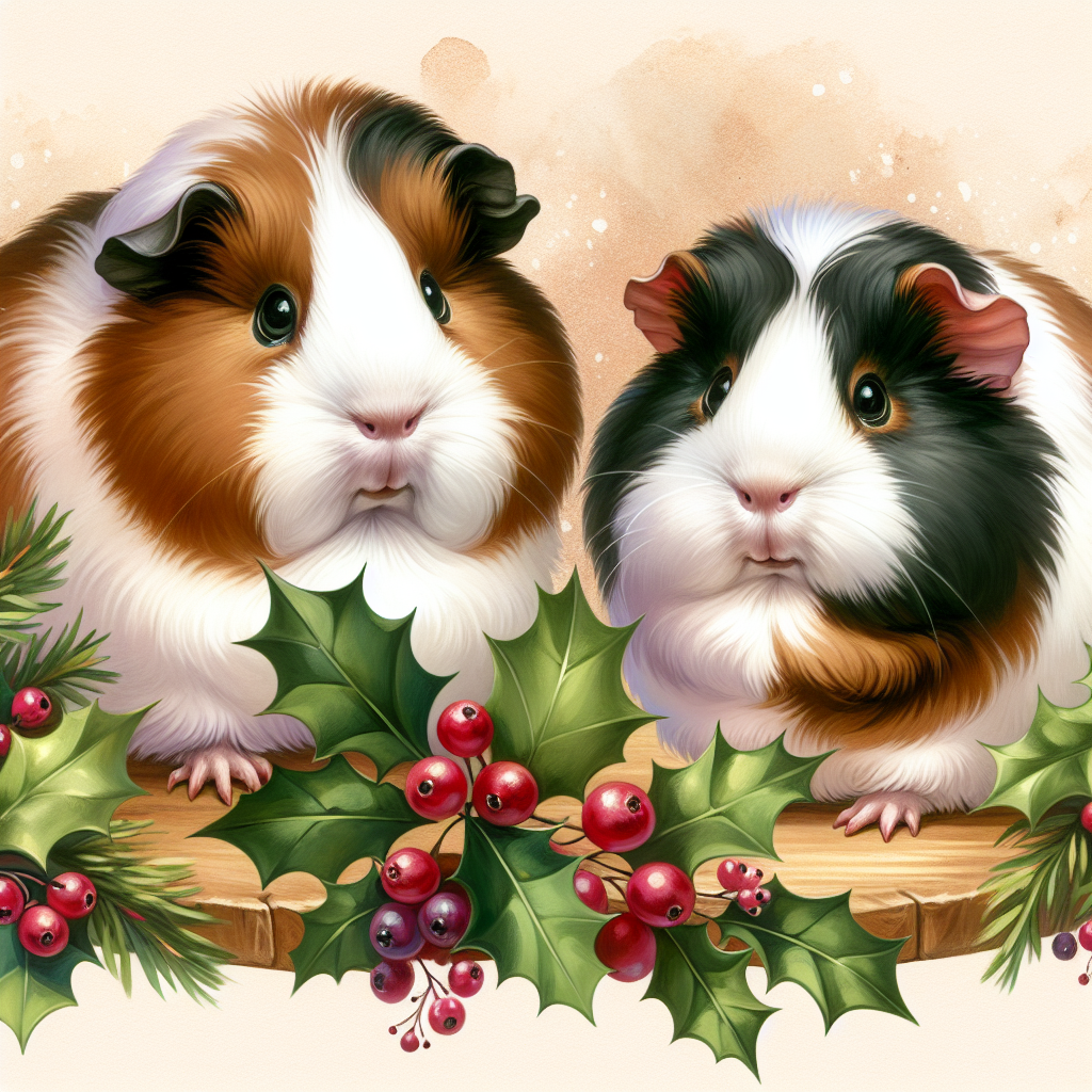 The illustration depicts a charming Christmas scene with two guinea pigs prominently featured. The left guinea pig is pudgy with a tricolor coat of white, brown, and black, and it has dark eyes. The setting includes festive elements like holly leaves, and the mood is whimsical and joyous.
.
Made with ❤️ by AI.