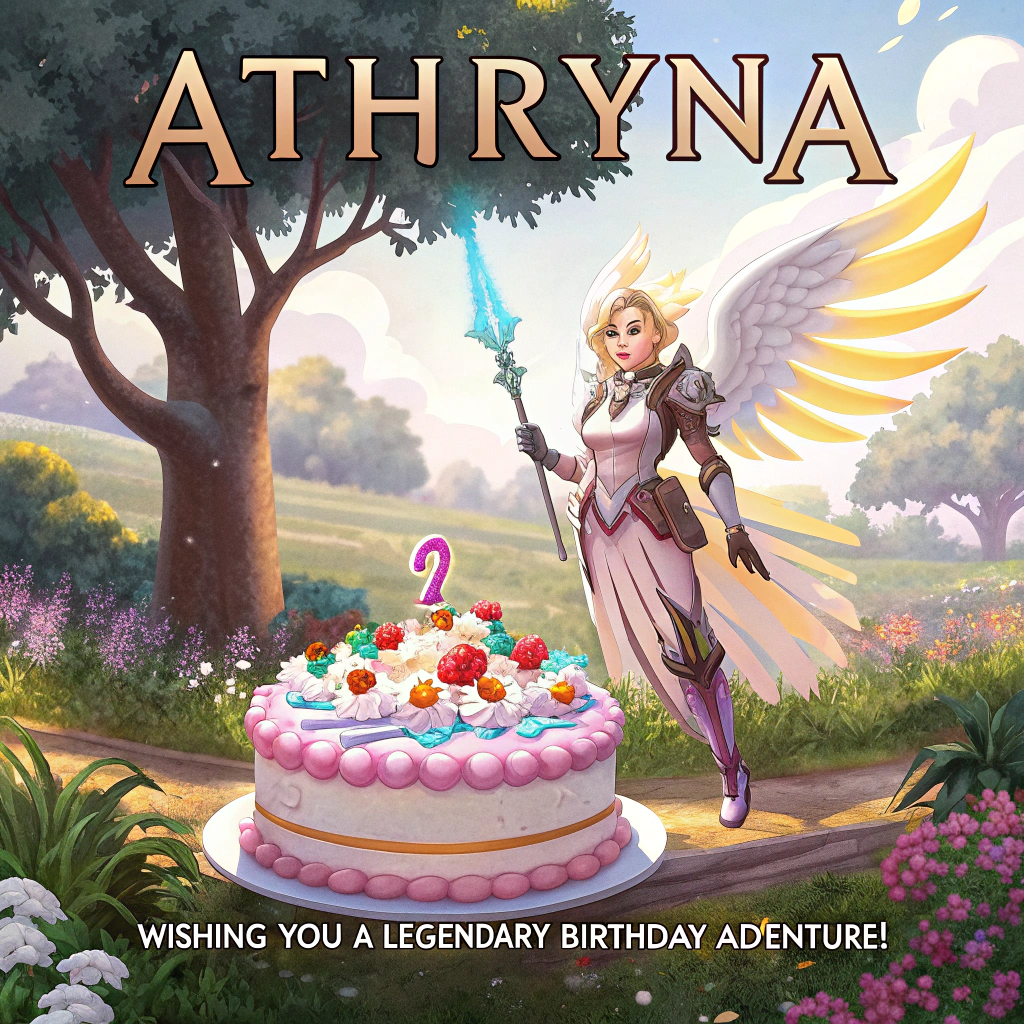 At the top of the image, "Athryna":  
Add at the bottom of the image, "Wishing You a Legendary Birthday Adventure!"

- In the center of the image, capture a lifelike photograph of Athryna dressed as Mercy from Overwatch, wearing her iconic Valkyrie Suit with the wings softly glowing in a pastel color palette.

- She is joyfully soaring above a whimsical, oversized birthday cake that has colorful frosting and candles in a variety of bright shades.

- The cake is nestled in a lush, enchanted garden with vibrant flowers and twinkling fairy lights strung through the trees, casting a magical, warm ambiance.

- Surrounding Athryna, fluttering golden butterflies add to the enchanting atmosphere as they gracefully dance around her wings.

- In the background, add a soft focus view of balloons gently swaying in the breeze, each balloon adorned with glittering patterns reminiscent of Overwatch logos.

- A charmingly curious squirrel, with a small party hat tilted jauntily, is perched on the edge of the cake, its eyes wide with delight at the festive scene.
Generated with these themes: Athryna as mercy from Overwatch.
Made with ❤️ by AI.