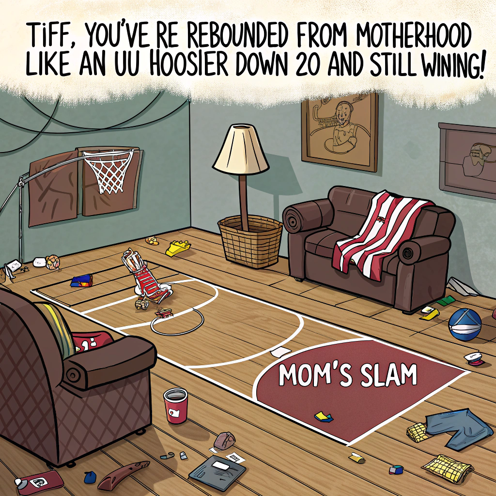At the top of the image, "Tiff, you’ve rebounded from motherhood like an IU Hoosier down 20 and still winning!"

- In the center of the image, illustrate a comical cartoon basketball court inside a messy living room. The floor has hardwood panels, but one side has a spilled sippy cup, toys scattered everywhere, and laundry draped over a hoop.  
- A red-and-white striped IU basketball jersey hangs from a standing lamp, and a basketball is mid-air headed toward a laundry basket labeled "MOM'S SLAM DUNK ZONE!"  
- In place of players, cleaning products and snacks wear sweatbands and cheer from the sidelines.  
- A referee’s whistle hangs from the dog’s collar as it guards a half-eaten sandwich.  
- Bright, cheerful colors with playful exaggerated expressions and silly details throughout.
Generated with these themes: IU basketball .
Made with ❤️ by AI.