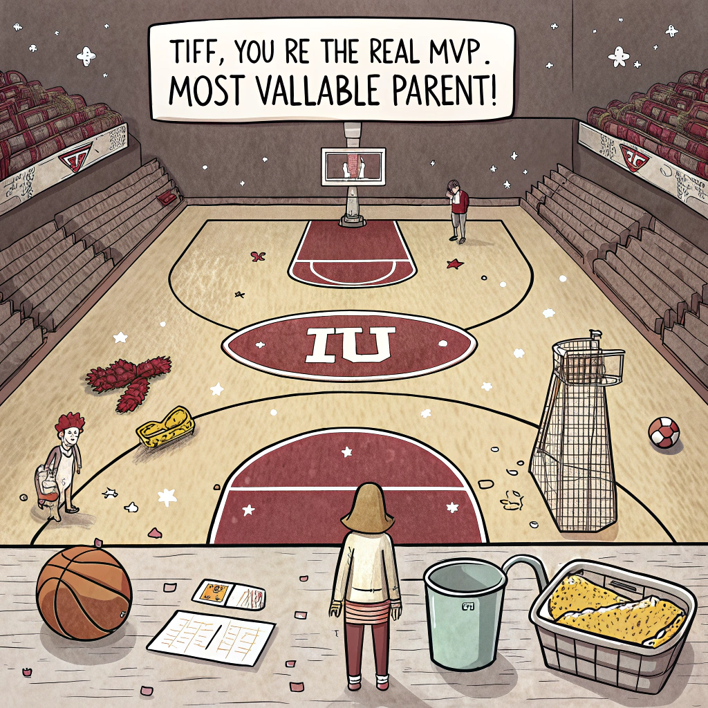At the top of the image, "Tiff, you’re the real MVP – Most Valuable Parent!"

- Illustrate a cartoon basketball court with the IU (Indiana University) logo at center court.  
- In place of players, have a chaotic, funny mix of random objects trying to play basketball — a vacuum with a sweatband dunking a ball, a coffee mug coaching from the sideline, and a laundry basket doing a layup.  
- Cheerleader pom-poms are replaced with dust bunnies on the sidelines jumping with excitement.  
- The scoreboard reads: “Team Mom: 99 — Team Chaos: 0”  
- In the background, the crowd is full of cartoon cats in IU jerseys wildly cheering.  
- Include red and white banners flying that read “Go Tiff!” and “Mom Dunk Champ!”  
- Keep the color scheme classic IU: red, white, and a splash of gold for a winning vibe.
Generated with these themes: IU basketball .
Made with ❤️ by AI.