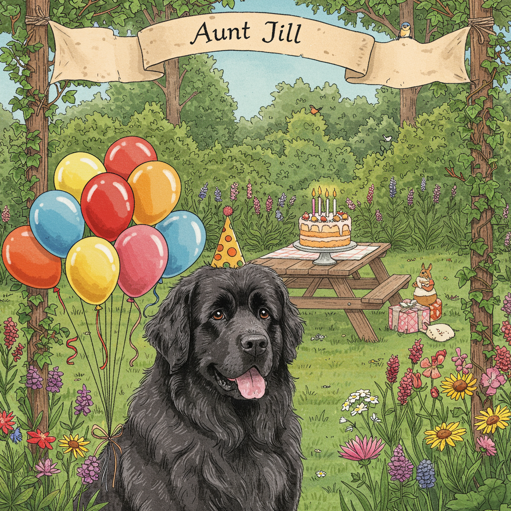 In this vibrant and whimsical birthday card design, we find ourselves in a delightful backyard garden setting. The centerpiece is a hand-drawn, expressive illustration of a jovial Black Newfoundland dog, portrayed with meticulous attention to detail. The dog's glossy fur is rendered in rich charcoal and ebony hues, with individual strands of hair adding depth and texture. Its eyes are a deep, soulful brown, twinkling with the mischief of a birthday surprise.

Surrounding this gentle giant are colorful clusters of balloons, each a burst of vivid color—sunny yellows, fiery reds, electric blues, and lush greens—tied to the dog's collar with playful ribbons that flutter in the breeze. The balloons are glossy and reflect the light, suggesting a bright, sunny day.

In the background, an inviting picnic table is laid out with a charming, old-fashioned cake stand. The cake, layered and frosted with pastel pinks and whites, is adorned with intricate piping that forms floral patterns, reminiscent of Beatrix Potter’s delicate illustrations. Candles stand tall, flickering atop the cake, casting a soft glow.

A hand-painted banner stretches across the top of the scene, billowing gently in the imagined breeze. It's crafted in a vintage style, inspired by Arthur Rackham, with elegantly calligraphed text that reads “Aunt Jill” in a warm, inviting script. The banner is secured to wooden posts that are artfully intertwined with ivy and small wildflowers, reminiscent of an Edwardian garden.

The scene is framed by lush greenery, with towering trees in the distance whose leaves are illustrated with the detailed precision of Maurice Sendak’s works. Small critters, like a curious squirrel and a pair of inquisitive bluebirds, peek out from the foliage, adding a touch of whimsy and movement.

In the foreground, a patch of vibrant wildflowers, akin to those found in N.C. Wyeth’s illustrations, paints the ground with a palette of magenta, gold, and violet. The earth beneath is a mix of ochre and sienna tones, providing a warm, earthy foundation to the joyous scene above.
Generated with these themes: Black Newfoundland, and Balloons.
Made with ❤️ by AI.