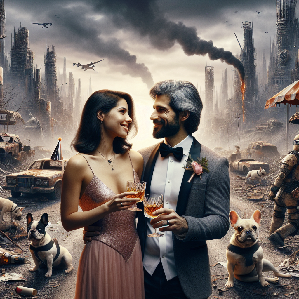 Depict a Hispanic woman and a Middle Eastern man standing in the middle of a post-apocalyptic environment reminiscent of a science fiction video game. They are celebrating their wedding anniversary, sharing tender gazes as they clink whisky glasses, encapsulating their love in a harsh and desolate environment. Surrounding them, French bulldogs whimsically dressed in party attire frolic, injecting a dose of levity and absurdity into the serious scenery. The setting masterfully marries elements of dystopian visuals with personal joy and warmth, resulting in an anniversary scene that feels both timeless and extraordinary.
Generated with these themes: Fallout video game, Wedding anniversary, French bulldogs, and Drinking whisky.
Made with ❤️ by AI.