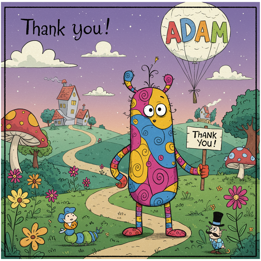 The front cover of this thank-you greeting card presents a whimsical and vibrant cartoon scene reminiscent of a Tim Burton-esque universe, blending the charm and playfulness of iconic cartoon styles. In the foreground, a fantastical creature resembling a mix between Charles Schulz’s Snoopy and Tim Burton's whimsical characters stands proudly. Its body is an exaggerated conglomeration of bold, geometric shapes, each segment a different bright color—think saturated yellows, vivid blues, and deep magentas—patterned with swirling lines and polka dots.

This creature, the "Last of its Kind," sports a comically oversized head and eyes like those found in manga by Osamu Tezuka, giving it a perpetually surprised expression. Its long, lanky limbs end in oversized cartoonish hands and feet, one of which is holding a small sign that reads "Thank You!" in bold, swirling script.

In the background, a surreal landscape unfolds with rolling hills that tilt and swirl upwards, a nod to Winsor McCay’s dreamlike settings. The hills are peppered with oversized mushrooms, each sporting spots in contrasting colors like those found in The Far Side's eccentric backgrounds. Above, the sky is a peculiar shade of twilight purple, reminiscent of Hergé's clean lines, with fluffy clouds forming quirky shapes, including a giant balloon that spells out "ADAM" in bold, colorful letters reminiscent of comic book onomatopoeia.

The horizon is dotted with crooked, Disney-esque houses and a small, winding path leads to them from the foreground. The path is lined with exaggerated flora, including flowers with spiraling stems and leaves as seen in underground comix by R. Crumb, adding an offbeat touch. Scattered around are humorous details, like a tiny, mustachioed caterpillar wearing a top hat, tipping it politely—a nod to Bill Watterson’s playful characters.

Each element, from the stylized trees swaying in unusual directions to the quaint, slightly tilted lampposts casting odd-shaped shadows, is drawn in a playful, exaggerated cartoon style, perfectly capturing the essence of a whimsical and heartfelt thank you to the unique Adam.
Generated with these themes: Last of its kind  tim burton.
Made with ❤️ by AI.