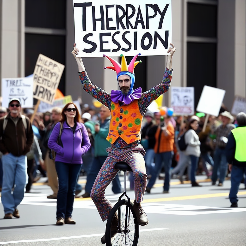 Generate a humorous, birthday-themed illustration. The center figure is a skinny Caucasian man boasting a distinct goatee, attired in a lively jester outfit rich in multicolored patterns. This entertaining individual bravely stands center stage at a bustling protest march, demonstrating enviable skill and balance atop a unicycle. The amusing twist is his sign, which rather than advocating for a cause, proclaims 'Therapy Session', thus creating a fun contrast against the spirited demonstrations around him.
Generated with these themes: Protest march, Skinny white man goatee, Jester outfit, Unicycle, and Therpay.
Made with ❤️ by AI.