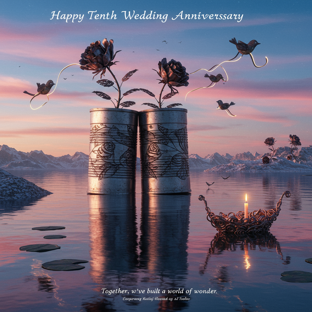 At the top of the Surreal Style image, include the text: **Happy Tenth Wedding Anniversary**

---

**Image Description:**

In a dreamlike landscape, a pair of giant tin cans, intricately engraved with floral motifs, stand embraced in the middle of a vast, reflective lake. Their surfaces shimmer in the ethereal, twilight glow, casting long, surreal shadows that seem to dance on the water’s surface. Delicate, metallic roses sprout from the tops of the cans, their petals unfurling towards a sky painted in swirling hues of magenta and azure. Above, a flock of whimsical, tin birds glide effortlessly, trailing ribbons of light. In the foreground, a small boat made entirely of intertwined tin roses drifts lazily, carrying a single, softly glowing candle. A whisper of a breeze carries the scent of nostalgia and eternal love through the surreal scene, capturing the essence of a decade-long journey. 

---

**Additional Text on Image:**

"Together, we've built a world of wonder."
Generated with these themes: Tin, and .
Made with ❤️ by AI.