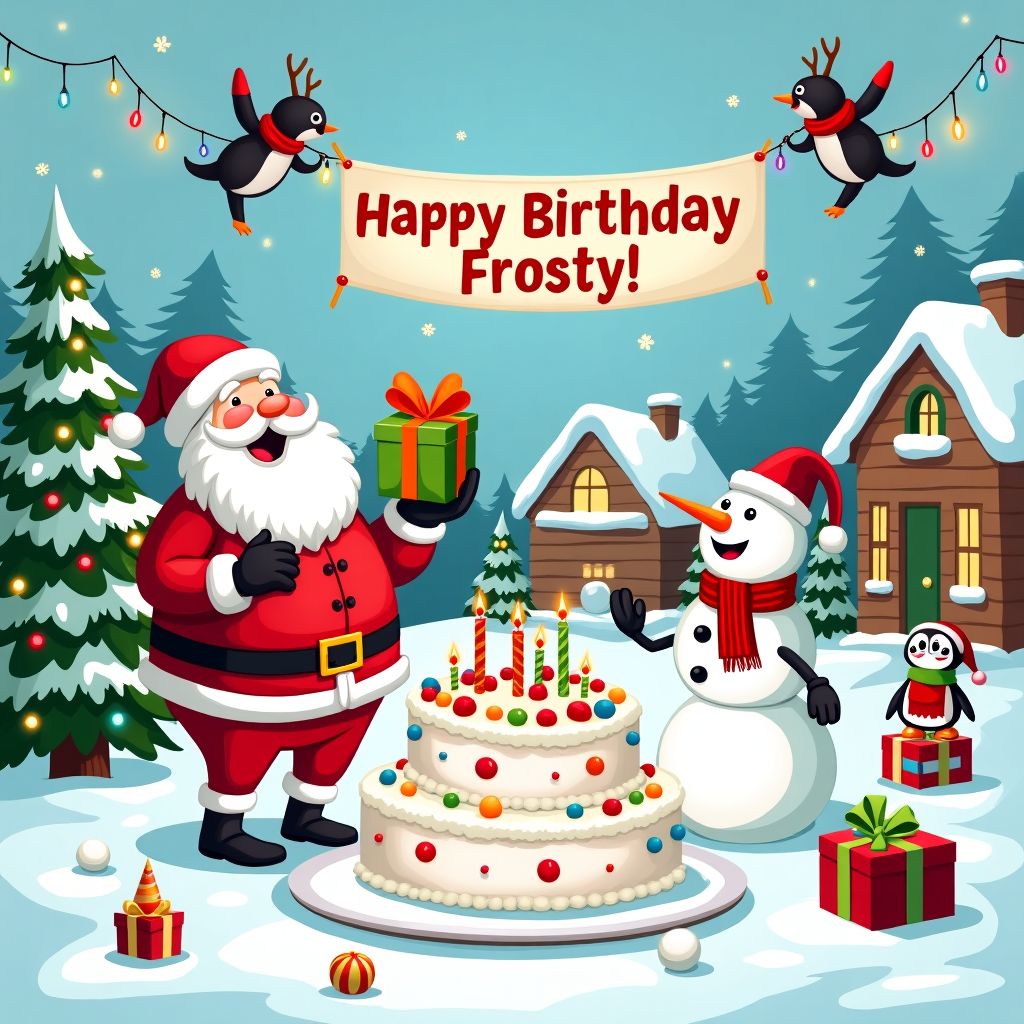In this whimsical and amusing cartoon birthday scene, we find ourselves in a snow-draped winter wonderland with a peculiar twist: Santa and a jolly snowman are throwing a surprise birthday bash for Frosty the Snowman himself! The backdrop is a picturesque wintery village, complete with cozy log cabins nestled in the distance, their chimneys puffing out swirls of inviting smoke. In the foreground, a giant birthday cake made entirely out of snow stands prominently, with its layers adorned with colorful, real candy canes, gumdrops, and a big red bow on top instead of the usual candle, adding a festive Christmas flair.

Santa, with his round belly and iconic red suit, is animatedly holding a gift wrapped in vibrant green paper and a big, bright yellow ribbon. He is mid-belly laugh, with rosy cheeks and his signature white beard bouncing merrily. Next to him, the snowman is dressed in an oversized Santa hat, with a carrot nose and coal-black eyes, gleefully waving a pair of snow gloves. He holds a snowball in one hand, playfully hinting at a snowball fight later.

Sprinkled around the scene are little elves wearing festive scarves, enthusiastically hanging strings of twinkling lights on the snow-laden pine trees. One elf is attempting to untangle a particularly stubborn string, resulting in a humorous tangle around his tiny legs. A reindeer in the background, with a party hat comically perched between his antlers, curiously sniffs at a pile of presents topped with snowflakes.

In the sky, a cheerful banner of "Happy Birthday Frosty!" flutters, held aloft by two mischievous penguins, each grasping a corner of the sign with flippers outstretched. The scene is bustling with vibrant colors, from the deep reds and greens of Christmas to the soft whites and blues of the snowy landscape, creating a charming collision of birthday cheer and holiday spirit, set to delight anyone who lays eyes on this joyous, festive spectacle.
Generated with these themes: Christmas scene, Snowman, and Santa.
Made with ❤️ by AI.