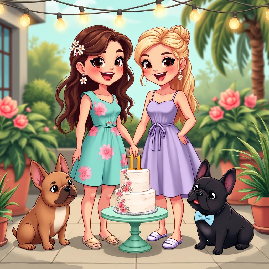 In the drawing, we see a brown-haired woman and a blonde-haired woman standing close together, both with wide, joyful smiles, celebrating their 1st wedding anniversary. The brown-haired woman is wearing a turquoise knee-length dress with pink floral patterns and comfortable beige flats, her hair styled in a loose side braid adorned with tiny white flowers. The blonde-haired woman stands out in a lavender midi sundress and white low-heeled sandals, her hair in a casual yet elegant updo. Between them rests a small round anniversary cake on a pastel green stand; the cake is layered and covered in white buttercream, tastefully decorated with delicate icing flowers cascading down one side. On the top, there's a simple gold '1' topper. In front of the couple, a fawn French Bulldog and a black French Bulldog, each sporting a bow tie—sky blue for the fawn, and pastel purple for the black—sit obediently. The setting is an outdoor patio garden, with strings of soft, warm fairy lights hanging above and vibrant potted plants of varying sizes scattered strategically around the area, creating an intimate and celebratory space.
Generated with these themes: Brown haired woman, blonde haired woman, 1st wedding anniversary, fawn French bull dog, black French bulldog.
Made with ❤️ by AI.