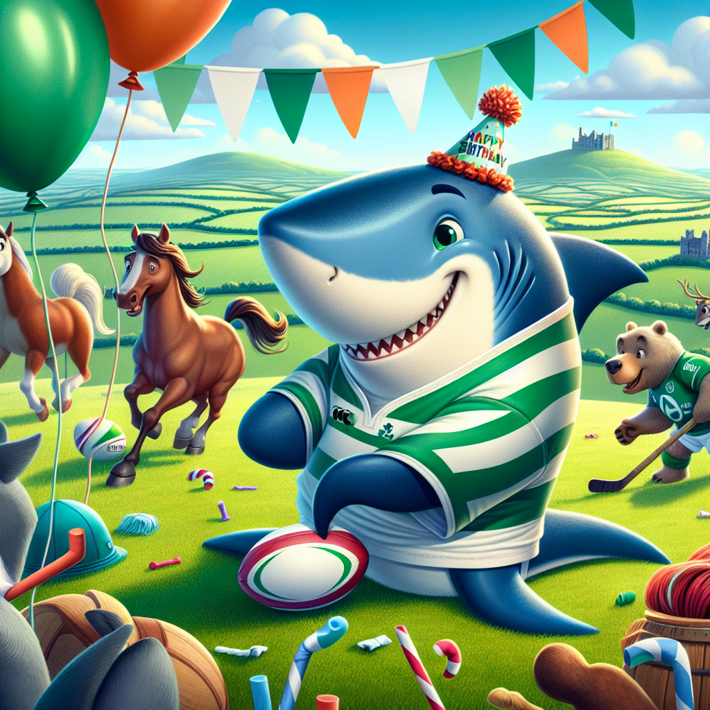 Depict a jubilant, rugby-inspired animated scene in a setting inspired by the landscapes of Ireland with undulating green hills and a cloudless azure sky. A hospitable shark protagonist is present in the center, wearing a rugby jersey and nestling a rugby ball under one flipper. Surrounding the shark, a variety of fauna, including a Caucasian female horse and a Hispanic male bear, participate in a lively game of hockey, dressed in birthday hats. The balloons and streamers discreetly incorporate the colors of the Irish flag, setting up a merry ambiance intertwined with sports and birthday festivities.
Generated with these themes: Rugby, Ireland, Hockey, and Sharks.
Made with ❤️ by AI.