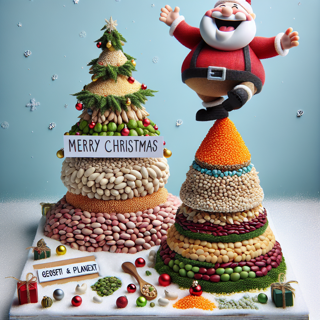 A whimsical Christmas scene unfolds with Santa Claus laughing heartily as he attempts to balance atop a wobbly pyramid made entirely of pulses, grains, and cereals. The foods are creatively arranged to resemble a festive tree, adorned with colorful beans, lentils, and grain-shaped ornaments. Below this amusing spectacle, in cheerful, bold letters against a sparkling snow backdrop, reads 'Merry Christmas from GEOVITA and PLANEXT'.
Generated with these themes: Pulses, Grains, and Cereals.
Made with ❤️ by AI.