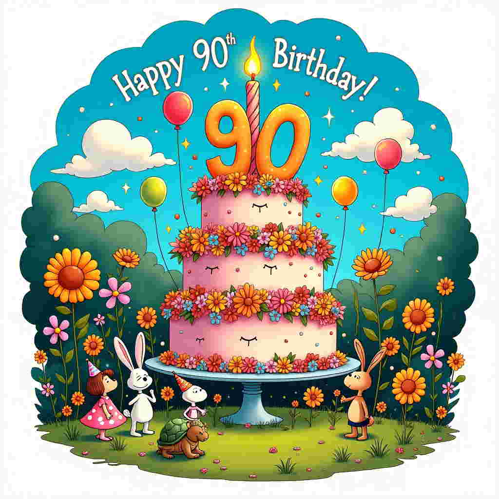 Imagine a vibrant and whimsical garden bursting with life, in a style reminiscent of Bill Watterson's playful lines and Gary Larson's imaginative flair. At the center of the scene, there is an oversized, multi-layered birthday cake, each layer a different bright pastel color, topped with a cascade of whimsically exaggerated flowers and a large, sparking numeral '90' candle that towers over the cake. 

The background is a lush garden with oversized flowers in bold, primary colors, akin to the simple yet bold palette seen in Charles Schulz's Peanuts. Each flower has an expressive, cartoonish face with exaggerated features, smiling widely as they seem to lean towards the cake, almost as if they’re part of the celebration. 

Floating above the garden are a cluster of oversized, shiny balloons in the shape of numbers and letters, spelling out "Happy 90th Birthday!" in a swirling array of colors, akin to the playful movement you’d see in Winsor McCay’s Little Nemo panels. 

In the foreground, add a small gathering of cartoon animals dressed in tiny party hats. They can be inspired by Walt Disney’s charming character designs—perhaps a rabbit in a polka dot dress and a turtle with a bowtie. They are gathered around the cake, looking up at the towering '90', their eyes wide and exaggerated like Osamu Tezuka’s iconic manga style, creating a delightful sense of scale and excitement.

The sky is a rich, bright blue, dotted with fluffy, exaggerated clouds that echo Hergé’s clean line style, providing a perfect backdrop to the joyful chaos below. The entire scene is enclosed in a circular border, much like a window into this festive, cartoon garden world, inviting the viewer to join the celebration.
Generated with these themes: 90th Birthday , Garden, Flowers, Cake, Balloons , and .
Made with ❤️ by AI.
