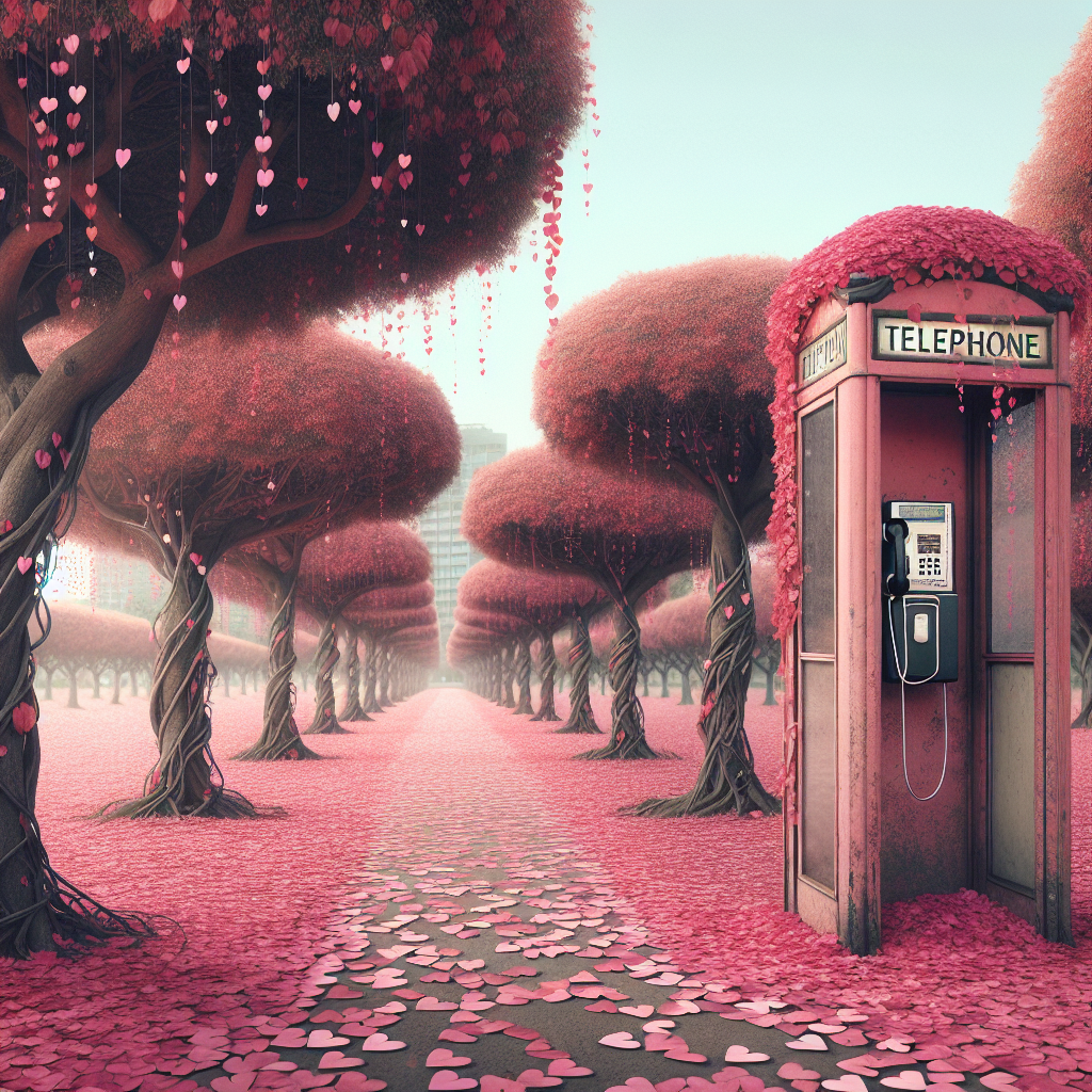 Imagine a surreal urban park with trees possessing uncommon pink leaves which drift to the ground, creating a pathway made of hearts. In the midst of this landscape, there exists a solitary vintage telephone booth, embellished with blossoming pitas vines. The phone's receiver hangs loosely as though some entity, perhaps love, has recently completed a call and left it undisturbed. The ambiance of the park vibrates with silent dedication, bringing to mind the warmth and selfless love associated with the occasion of Mother's Day.
Generated with these themes: Pink, Hearts, Phone, Pitas, and Love.
Made with ❤️ by AI.