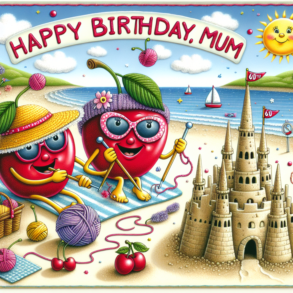 Cherries, 60th Birthday, Mum, Beach, Walking, and Knitting Birthday Card