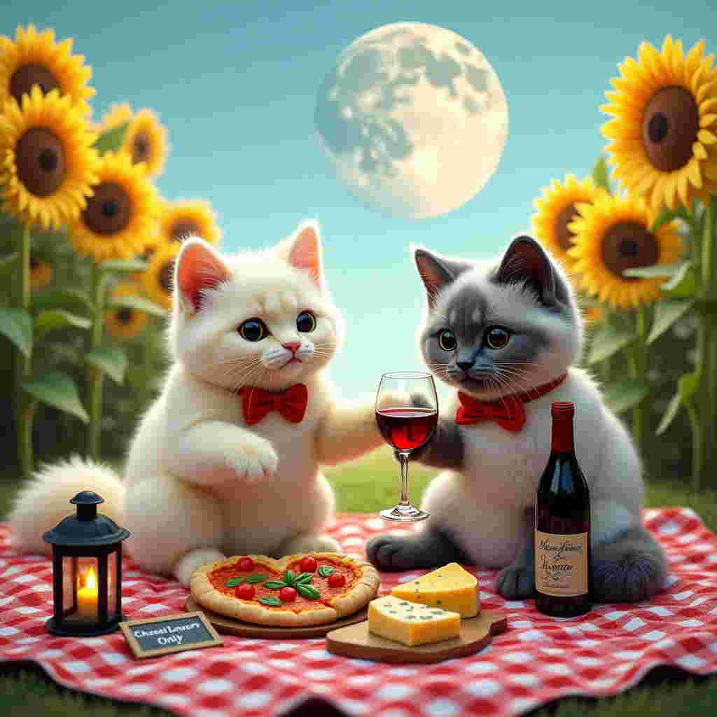 The scene unfolds on a cozy, checkered picnic blanket laid out in a picturesque garden. Towering sunflowers surround the blanket, their golden petals gently brushing against a perfect azure sky. In the center of the blanket, two plush Ragdoll cats with luxurious cream and grey fur are seated like distinguished guests. One of the cats is comically attempting to slice a heart-shaped pizza topped with fresh basil and cherry tomatoes, using its paw, while the other, wearing a tiny red bow tie, carefully pours a glass of red wine from a bottle labeled “Chateau Feline 2023” into a miniature wine glass. Nearby, an assortment of gourmet cheeses is displayed on a wooden cheese board, with wedges of Brie, blue cheese, and a vibrant red Leicester. Beside the cheese, a small chalkboard sign reads "Cheese Lovers Only," written in playful cursive. In the distance, a round, plump full moon hangs in the sky, but instead of the usual craters, the moon is embossed with the name "Murdo" in whimsical, loopy letters, as if etched by a mischievous star. A vintage-style lantern on the corner of the blanket casts a warm glow, highlighting a cheeky handwritten note resting next to the wine that says, “You had me at pizza.” This tableau creates an amusing and heartwarming portrayal of a feline double date, paying homage to love, leisure, and culinary delights.
Generated with these themes: Ragdoll cats, Pizza, Red wine, Cheese, and Date.
Made with ❤️ by AI.