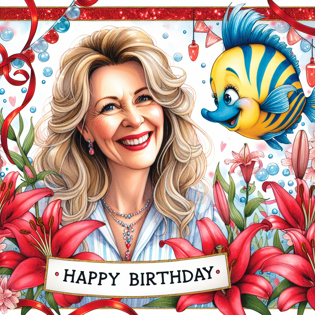 A whimsical birthday illustration featuring a Caucasian woman with a bright smile at the center, she is dubbed 'Mum' and surrounded by vibrant red decorations, her favorite color. Delicate lilies are spread throughout the scene, adding a touch of elegance. On the sidelines, a playful blue and yellow fish, reminiscent of a popular character in an animated underwater adventure, swims amidst bubbles and offers a cheery 'Happy Birthday' greeting.
Generated with these themes: Mum , Favourite colour red , Favourite flower Lillies , and Cartoon character is Dory (finding nemo) .
Made with ❤️ by AI.
