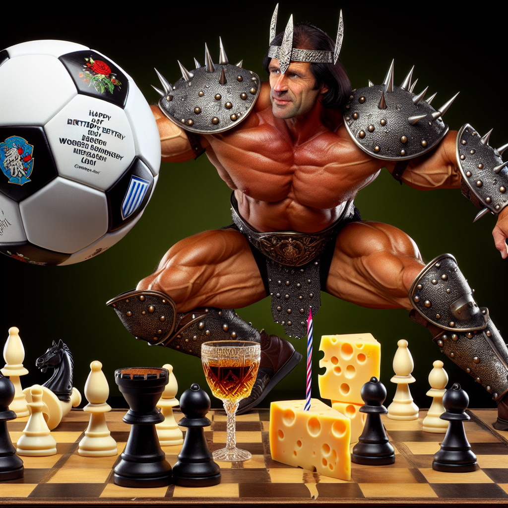 In this humorous birthday scenario, our protagonist, a muscular man with a physique like a well-known former bodybuilder, is clad in studded warhammer-style armor. He skillfully dribbles a soccer ball embellished with the emblem of a noted English football club. His battlefield is a chessboard made of cheese pieces. All the while, he artfully balances a chalice filled to the brim with sherry. His muscles strain notably, embodying the spirit of jubilation.
Generated with these themes: Arnold schwarzenegger, Liverpool, Warhammer, Sherry, and Cheese.
Made with ❤️ by AI.