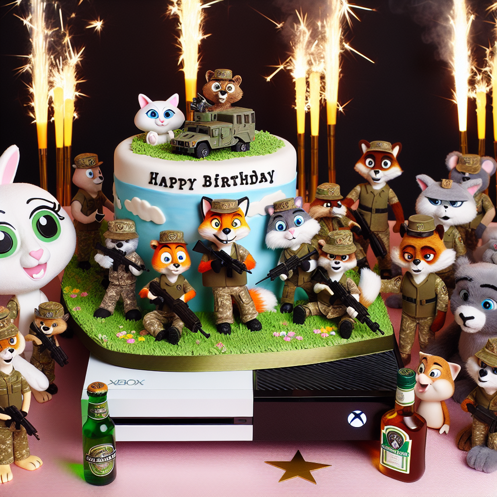 A delightful birthday scene featuring a collection of delightful animal characters festooned in military attire congregating around an Xbox gaming console for a special birthday match. The game being played is the birthday person's favorite. A centerpiece cake, designed with a military theme, accents the scene; this cake is adorned with edible decorations shaped like alcohol bottles and it sports sparkler candles, creating a jovial yet slightly naughty ambiance.
Generated with these themes: Xbox, Army, and Booze.
Made with ❤️ by AI.
