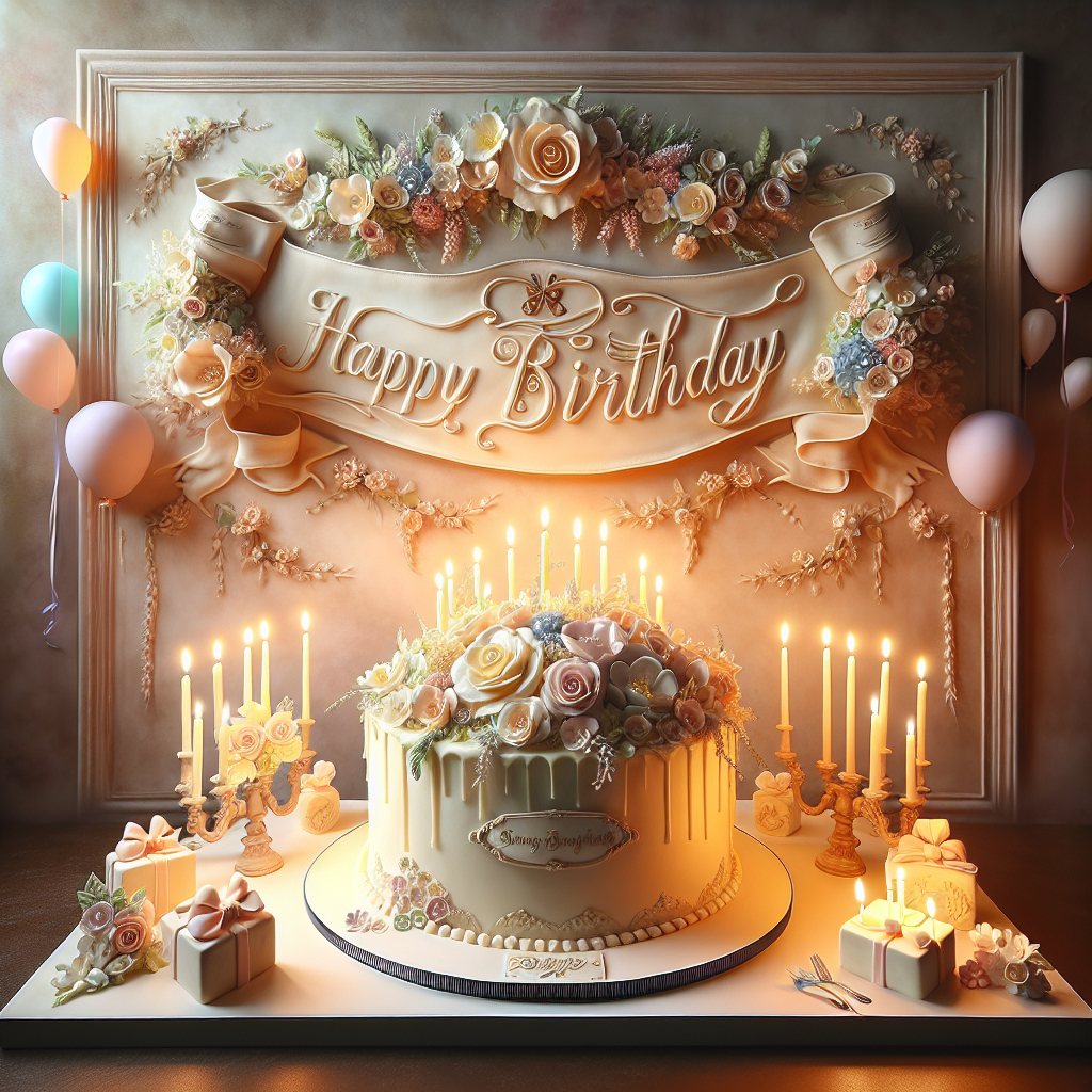 Create an image of a delightful birthday scene portrayed with a touch of realism, capturing the warmth and joy of the occasion. At the center, there's a meticulously crafted cake decorated with realistic sugar flowers, all bathed in soft candlelight for added atmosphere. On the wall, a banner featuring elegant script displays a heartfelt birthday message. The scene is completed with a background of pastel-colored balloons and ribbons, adding to the overall charm and delight of the celebration.
Generated with these themes: This birthday, I wish you abundant happiness and love. May all your dreams turn into reality and may lady luck visit your home today. Happy birthday to one of the sweetest people I’ve ever known.
Made with ❤️ by AI.