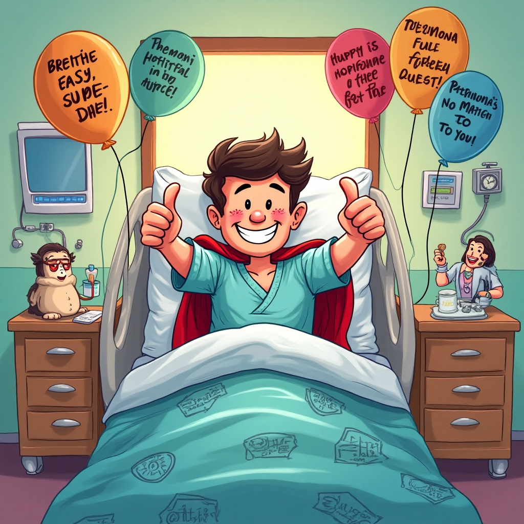 ### Image Prompt

At the top of the Cartoon Style image, include the text: **Happy Father's Day to a father in hospital**.

Imagine a whimsical hospital room with a bright, playful atmosphere. A cartoon-style hospital bed is the centerpiece, with exaggerated, fluffy pillows and a blanket covered in amusing patterns of superhero logos and whimsical doodles. 

A cheerful, cartoon-style father character, wearing a hospital gown with a cape attached, is sitting up in the bed, giving a big thumbs-up and wearing a comically oversized grin. His cheeks are flushed, but he looks full of energy and humor. 

Surrounding him are colorful balloons with smiling faces and cheeky messages like "Breathe Easy, Super Dad!" and "Pneumonia's No Match for You!" A cheeky little nurse character with a stethoscope is playfully pretending to listen to the father's big toe, adding to the humorous scene. 

The background is a blend of vivid colors, with a playful mix of exaggerated hospital equipment, like a comically large thermometer, and friendly, cartoonish medical staff peeking from the corners, smiling warmly.

The entire scene is vibrant and filled with warmth, bringing a smile to anyone who sees it, while capturing the essence of a playful, supportive Father's Day in the hospital.
Generated with these themes: A card for my father who's in hospital recovering from pneumonia, and .
Made with ❤️ by AI.