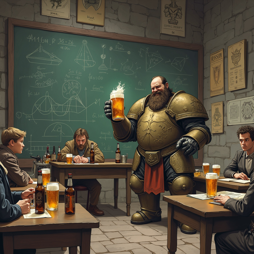 The scene unfolds in a dimly lit, ancient-looking classroom with heavy wooden desks, reminiscent of Norman Rockwell's attention to Americana but tinged with the fantastical whimsy of Maurice Sendak. At the front of the room stands Alex, a robust figure wearing a Warhammer 40K-inspired armor suit that is oddly out of place yet perfectly at home in this scholarly setting. His helmet is off, revealing a bearded, kind face that suggests both authority and approachability, a nod to the detail and charm found in Quentin Blake's characters.

Alex's left hand holds an oversized stein of frothy beer, the liquid sloshing slightly, captured with the fine, textured linework inspired by Edward Gorey. The stein has intricate engravings of tiny scenes from Warhammer battles, showing knights and monsters in mid-combat, adding layers of detail that recall the works of Gustave Doré. 

Behind Alex is a large blackboard, chalk-dusted and covered with complex equations and Warhammer lore diagrams. Various maps and posters of different Warhammer realms hang haphazardly on the stone walls, their colors muted yet intricate, evoking Arthur Rackham's delicate and immersive backgrounds. 

The students, each wearing elements of Warhammer cosplay such as shoulder guards or helmets, sit at their desks with tankards of beer beside their textbooks. Their faces are a mix of concentration and amusement, much like the lively expressions seen in Beatrix Potter's animal characters.

In one corner, there's a small, round wooden table covered with beer bottles of various sizes and shapes, some tipped over and spilling their contents, illustrated with Maxfield Parrish's penchant for glowing, vibrant hues. Beside the table, a grizzled, miniature Warhammer figurine stands as if guarding the sacred beer, adding a touch of whimsy and magic to the scene, reminiscent of Aubrey Beardsley's ornate, almost otherworldly figures.

The room's ceiling is a vaulted, cathedral-like structure adorned with hanging banners displaying Warhammer sigils. Above, the dark wooden beams are home to a small, inquisitive owl peering down, illustrated with the same curiosity and charm found in N.C. Wyeth's works.

Every corner of the scene is bursting with detail, from the texture of the stone walls to the worn wood of the desks, creating a richly layered tableau that combines the gravitas of teaching, the camaraderie of shared beer, and the epic fantasy world of Warhammer, all under the solemn yet enchanting guidance of Alex.
Generated with these themes: Alex, Warhammer, Beer, and Teacher.
Made with ❤️ by AI.