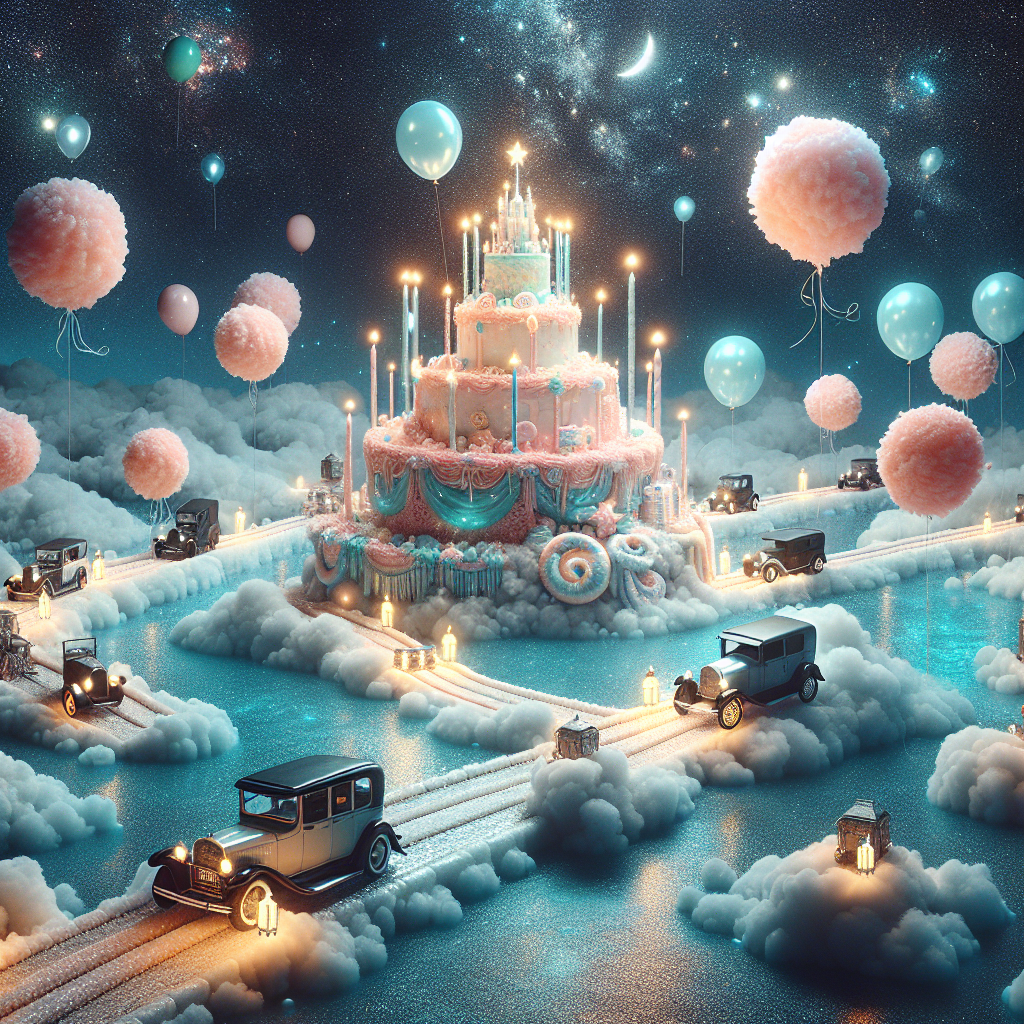 Create a surreal image of a birthday setting. There are vintage cars with balloon wheels effortlessly floating above a gleaming, frosted lake. The stars in the night sky flicker as if part of a mute birthday serenade. A group of vehicles, decorated with radiant streamers and softly glowing lanterns, is floating amid fluffy pink and blue clouds, resembling cotton candy. The central point of this dreamlike scenario is a sizeable ornate birthday cake that forms an island. The cake layers are surrounded by roads made of licorice, inviting guests to a celebration that seems to belong to a different, fantastical world.
Generated with these themes: Cars.
Made with ❤️ by AI.