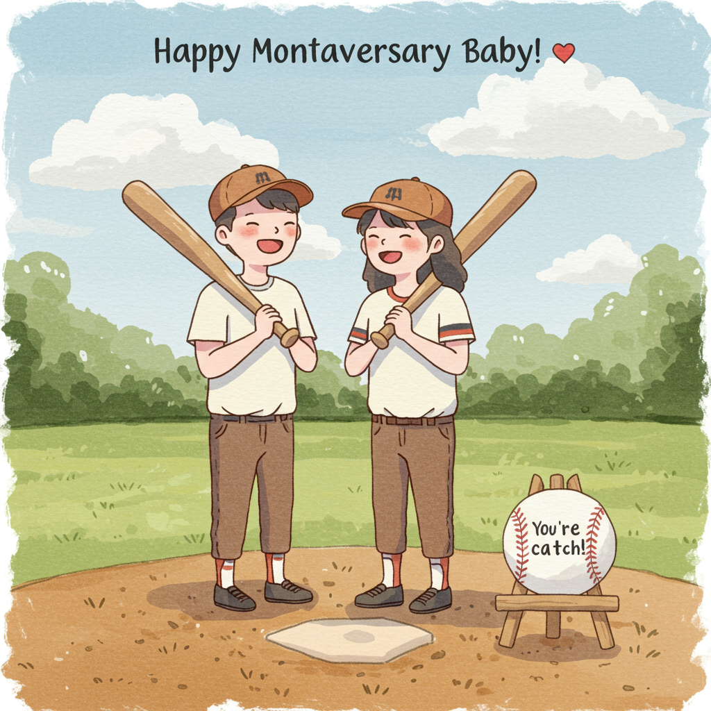 **Prompt for Image Creation:**

At the top of the Watercolor Style image, include the text: "Happy Monthaversary Baby! 💕"

**Scene Description:**

Imagine a dreamy watercolor scene set in a sun-dappled baseball field. In the foreground, two gentle figures, a loving couple, stand side by side, each wearing a vintage baseball cap and holding a baseball bat. They are mid-laugh, capturing a moment of shared joy and affection.

The background is a wash of soft greens and earthy browns, representing the lush outfield. The delicate watercolor style brings a sense of lightness and romance to the scene, with subtle gradients capturing the warmth of the afternoon sun. Above them, faint outlines of whimsical clouds dance in the soft blue sky, creating an airy and uplifting atmosphere.

To the side of the couple, a whimsical detail: a baseball perched on a small easel with the words "You’re a catch!" painted in a playful font, enhancing the romantic baseball theme.

This serene and heartwarming image perfectly embodies the spirit of romance and celebration, making it an ideal choice for a heartfelt anniversary greeting card.
Generated with these themes: Baseball, and .
Made with ❤️ by AI.