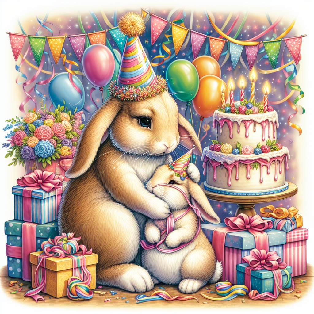Create a heartwarming image encapsulating a scene of a nurturing rabbit who plays the role of a compassionate sister, nursing a smaller rabbit back to health. The setting is a whimsical birthday party adorned with a beautifully decorated cake, wrapped presents, and brightly colored streamers. The larger rabbit is marked by a festive party hat and a tender smile, embodying the celebration and caring nature of the occasion. This image aims to capture a unique birthday moment, celebrating the nurturing spirit of recovery.
Generated with these themes: Rabbit, Recovery, and Sister.
Made with ❤️ by AI.