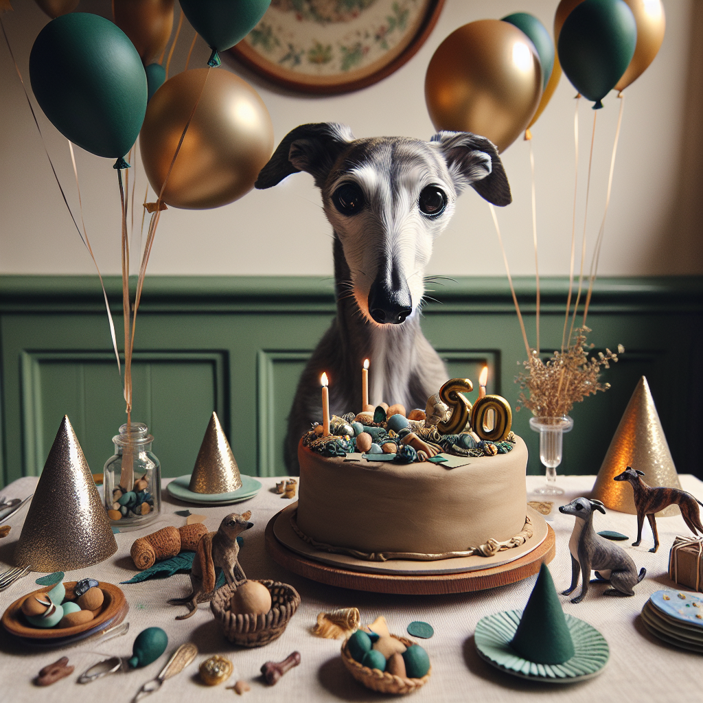 Craft an image with a quaint and realistic setting for a birthday party. The guest of honor is a venerable whippet of 90 dog years, showing a hint of grey fur and wise eyes. The scene should be detailed with natural tones and textures, emphasizing the authenticity of a true milestone celebration. Floating above are delicate balloon clusters in earthy hues such as deep forest green, rich brown, and subtle gold. Dominating the scene is a centerpiece cake, artfully decorated with a realistic rendition of the whippet's favorite toy, thus making the atmosphere warm. Around the room, detailed miniatures of festive party elements-like hats in shiny tin foil and frilly paper streamers-that maintain a subtle elegance and do not overshadow the aged canine's special day.
Generated with these themes: 90 whippet .
Made with ❤️ by AI.