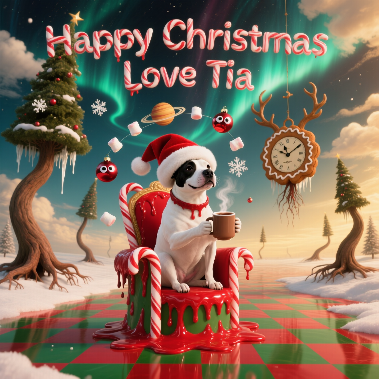 At the top of the Surreal Style image, write in whimsical, floating candy-cane letters: **"Happy Christmas Love Tia"**.  

A dreamlike, surreal Christmas scene: a cheerful white staffie with a black patch over her left eye sits on a melting candy-cane throne, wearing an oversized Santa hat that drips like red wax. Around her, snowflakes are actually tiny floating baubles with wiggly eyes, slowly orbiting her head like planets. The ground is a glossy red-and-green checkerboard that stretches into infinity, with giant bent Christmas trees sprouting upside down from the sky, their roots dangling like icicles. The staffie is holding a steaming mug of hot chocolate that defies gravity, with marshmallows drifting upward into the aurora-like swirl of peppermint clouds. A giant clock made of gingerbread hangs in the distance, its hands made of antlers, pointing to “midnight-ish.” The lighting is warm, golden, and softly ethereal, casting long, dreamlike shadows that bend and curl.  

Would you like me to also create **a few punny alternative text captions** you could float into the scene for extra comedy?
Generated with these themes: White staffie with black patch over left eye, and .
Made with ❤️ by AI.