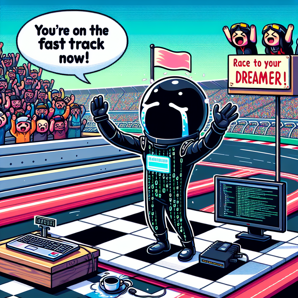 Create a lively and humorous cartoon-style image showcasing a farewell scene on a racetrack. A Black character dressed in a sleek racing suit covered with binary code designs, embodying both a nerd and a racing enthusiast, is emotionally parting from his friends. The track is designed in the style of classic Japanese Anime, complete with exaggerated speed lines in the background and a vibrant, pixel-style crowd cheering loudly. A personal computer is placed thoughtfully on a nearby podium, signifying the character's journey from long coding sessions to car-racing adventures. His friends are waving banners humorously proclaiming, 'You're on the fast track now!' and 'Race to your dreams, Code Master!'
Generated with these themes: Racing, Nerd, Japanese Anime, Coding, and Black Skin.
Made with ❤️ by AI.