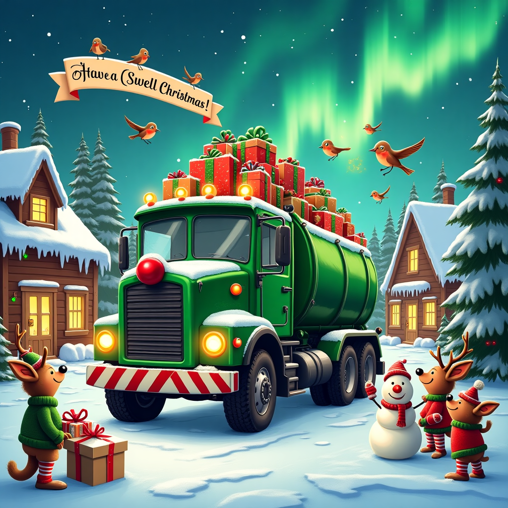 The scene unfolds in a whimsical, snow-laden village, where the centerpiece is an unexpected Christmas hero—a septic truck. This jolly, oversized vehicle, painted a vivid emerald green with candy cane stripes along its sides, sports a cheerful, cartoonish face. Its headlights twinkle like Christmas lights, while a plump red nose (an homage to Rudolph) adorns its grille. The septic truck is parked beside a cozy, timber-framed house with icicles hanging from its eaves, surrounded by snow-dusted pine trees.

The truck’s tank, transformed into Santa’s sleigh, is brimming with oversized, vividly wrapped gifts with ribbons that appear to dance in the crisp winter air. A playful group of elves, dressed in red and green with striped stockings, is busy loading the presents. One elf, with exaggeratedly large ears, is holding a giant candy cane, while another is precariously balancing a tower of gingerbread men.

To the side, a family of reindeer, wearing festive sweaters, watches with amused expressions, their antlers adorned with tiny, glowing Christmas baubles. In the background, a snowman with a jaunty top hat and a carrot nose waves enthusiastically at the bustling scene, holding a sign that reads, "Ho Ho, OH NO!" as a gentle nod to the septic theme.

Above, in a brilliantly azure sky, a banner carried by a flock of merry robins spells out "Have a (S)well Christmas!" in swirling, golden letters. This festive chaos is framed by the vibrant northern lights dancing across the heavens, casting a magical glow over the entire tableau. This delightfully absurd scene captures the humor and joy of Christmas, transforming the mundane into the extraordinary.
Generated with these themes: Septic Truck .
Made with ❤️ by AI.