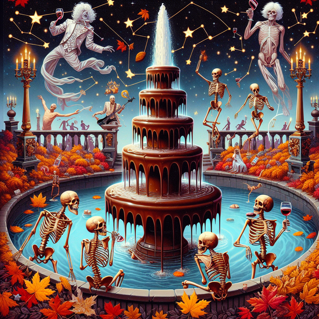 In this surreal illustration, a birthday celebration takes on a whimsical twist where baroque and contemporary elements blend. Central to the scene is a lavish chocolate fountain, cascading into a pond bordered by skeletal figures. They celebrate the passing of time with chalices filled with wine. Above, the ghostly shapes of a popular rock band manifest as constellations in the twilight sky, serenading the scene with their well-known tunes. Autumn leaves in hues of fiery reds and golds flutter across the composition, adding a sense of movement and hinting at the fleeting beauty of life.
Generated with these themes: Skulls, Wine, Chocolate, and Fall out boy.
Made with ❤️ by AI.