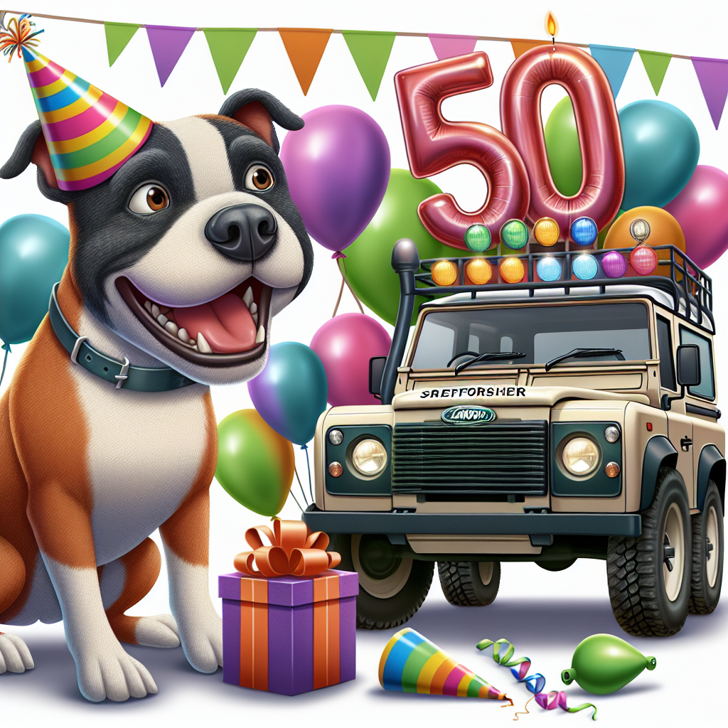 Create a charming animation of a birthday celebration. The main character is a friendly brown and white Staffordshire bull terrier wearing a party hat. The excited pup sits alongside a vibrantly wrapped birthday present. In the backdrop, a cheerfully depicted Land Rover Defender mimics a jovial expression, garnished with colourful balloons and streamers, all poised for a fun adventure. A large set of helium balloons, boldly numbered as '50', float above the scene, indicating a festive milestone celebration.
Generated with these themes: Staffordshire bull terrier Brown and white , Land rover defender , and 50.
Made with ❤️ by AI.