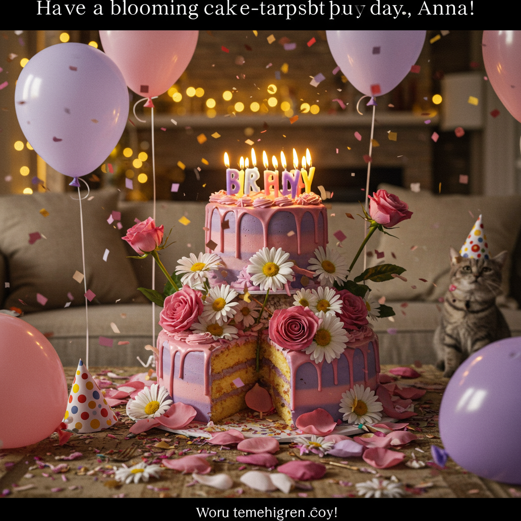 **Prompt for AI Image Generation:**

At the top of the realistic photograph image, **"Have a blooming cake-tastrophe of a day, Anna!"**

A humorous and ultra-realistic birthday scene set in a cozy living room: a decadent, slightly lopsided pink and purple birthday cake topped with lit candles is humorously overrun by daisy and rose flowers that look like they're rebelliously growing out of the cake, petals everywhere. Balloons in pastel pinks and purples float and bop around wildly — one tangled in a confused housecat wearing a party hat. A daisy and a rose appear to be having a "balloon sword" duel on the cake. The overall lighting is soft and celebratory, with golden birthday lights in the background adding sparkle. Confetti is mid-air as if just thrown, and a subtle sense of chaotic festivity fills the room.
Generated with these themes: Daisy and Rose Flowers, Cake, balloons, Pink and purple.
Made with ❤️ by AI.