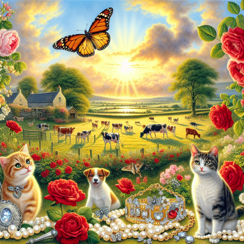 Envision a quaint, countryside landscape during a bright, sunny day, perfect for a special birthday celebration. The sky is painted with vivid yellow and orange hues. Along the edge of a field, red roses are in full bloom, creating a naturally beautiful boundary. A serene group of cows is grazing leisurely in the distant field. A Red Admiral butterfly is seen fluttering amongst the flowers, enhancing the scenic beauty of the landscape. In this tranquil setting, a playful tabby cat accompanied by energetic Jack Russell puppies adds a lively contrast. Scattered across the scene, pearls and fine jewelry reflect the sun's rays, sparkling like hidden treasures against the lush green backdrop, reminiscent of idyllic rural Ireland.
Generated with these themes: Roses, Red Admiral Butterfly, Tabby cat, Yellow, Orange, Red, Countryside , Sunny weather , Cows in field, Pearls, Jewelery , Ireland, and Jack Russell puppies.
Made with ❤️ by AI.