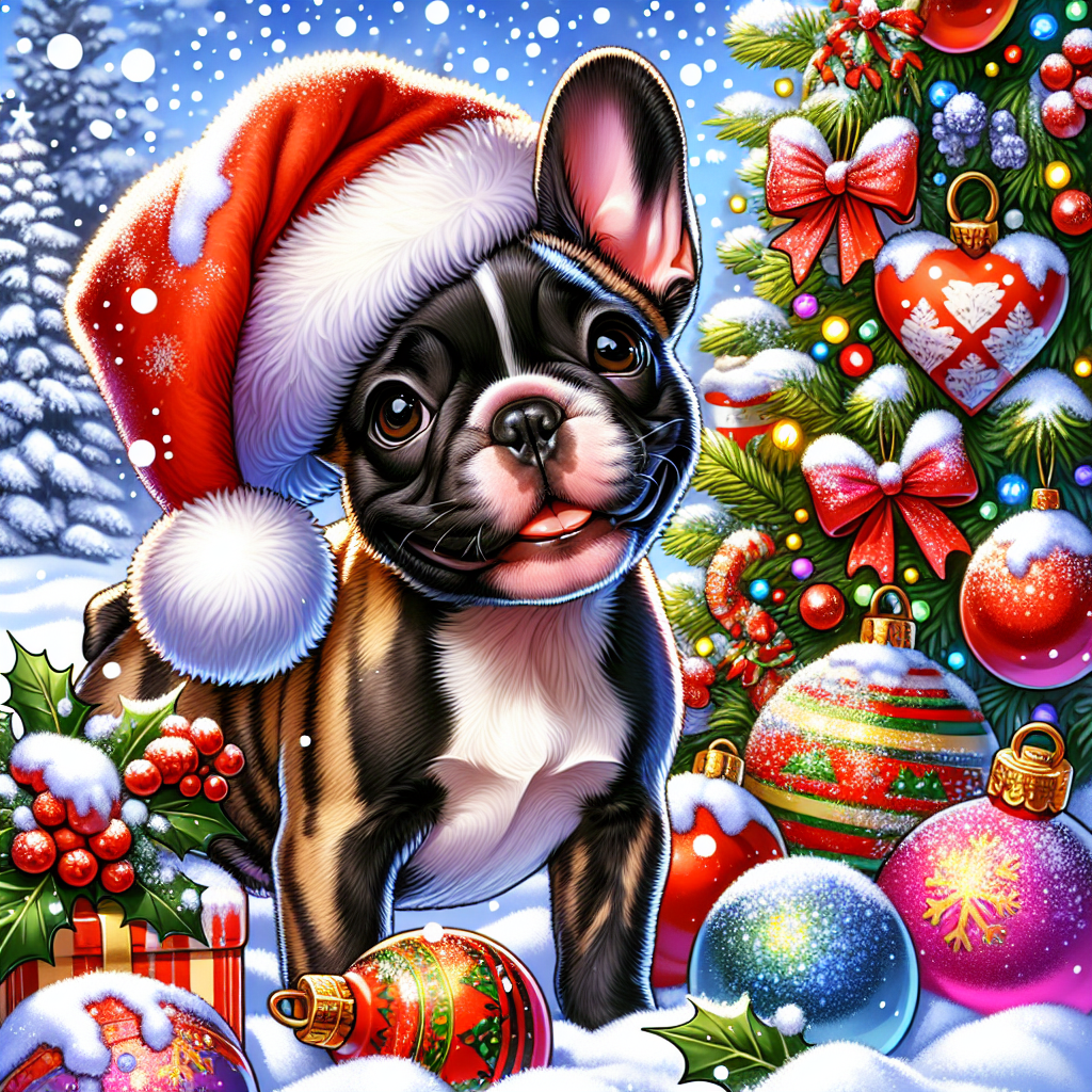 A cartoon Christmas vignette comes to life with a slender Adult French Bulldog, its brindle coat contrasting against the snow. It gazes playfully with dark brown eyes, surrounded by the holiday splendor of sparkling ornaments and a vividly decorated tree.
.
Made with ❤️ by AI.