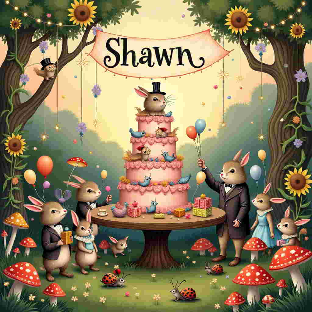 In the center of the birthday card, imagine a lively and whimsical party scene, bustling with activity and a multitude of characters in a fantastical garden setting. At the forefront is a round wooden table with an oversized birthday cake towering high with intricate frosting swirls and tiny edible creatures resembling woodland animals scattered around its tiers. At the top of the cake, a small, festive banner arcs overhead, spell out "Shawn" in an elegant, swirling script, fluttering as if caught in a gentle breeze.

Surrounding the table are a diverse array of quirky, anthropomorphic animals dressed in vintage, Victorian-era party attire, reminiscent of the illustrations by Beatrix Potter and Arthur Rackham. Rabbits in waistcoats, hedgehogs in petticoats, and owls wearing monocles are caught mid-motion, each performing delightful tasks such as juggling colorful, polka-dotted balloons or presenting whimsically wrapped gifts. Their attire is a patchwork of pastel colors, with intricate patterns and lace detailing.

Behind them, the lush, green garden is teeming with towering sunflowers and twisting ivy, interspersed with twinkling fairy lights that dangle like sparkling stars from gnarled tree branches, evoking the luminous quality of a Maxfield Parrish landscape. The sky above is a soft, gradient wash of warm peach and cool lavender, suggesting the tender light of early evening.

The ground is dotted with mushrooms of varying sizes and shapes, their caps painted in bold reds, yellows, and blues. In the corners of the scene, smaller details emerge: a ladybug wearing a tiny top hat climbing a grass blade, a pair of mice playing a miniature accordion and tambourine, and a curious snail inching its way towards the cake.

The composition is intricately detailed, with cross-hatching and line work inspired by Edward Gorey and Aubrey Beardsley, yet retaining a playful and light-hearted tone in its depiction of this fantastical birthday celebration.
Generated with these themes: party .
Made with ❤️ by AI.