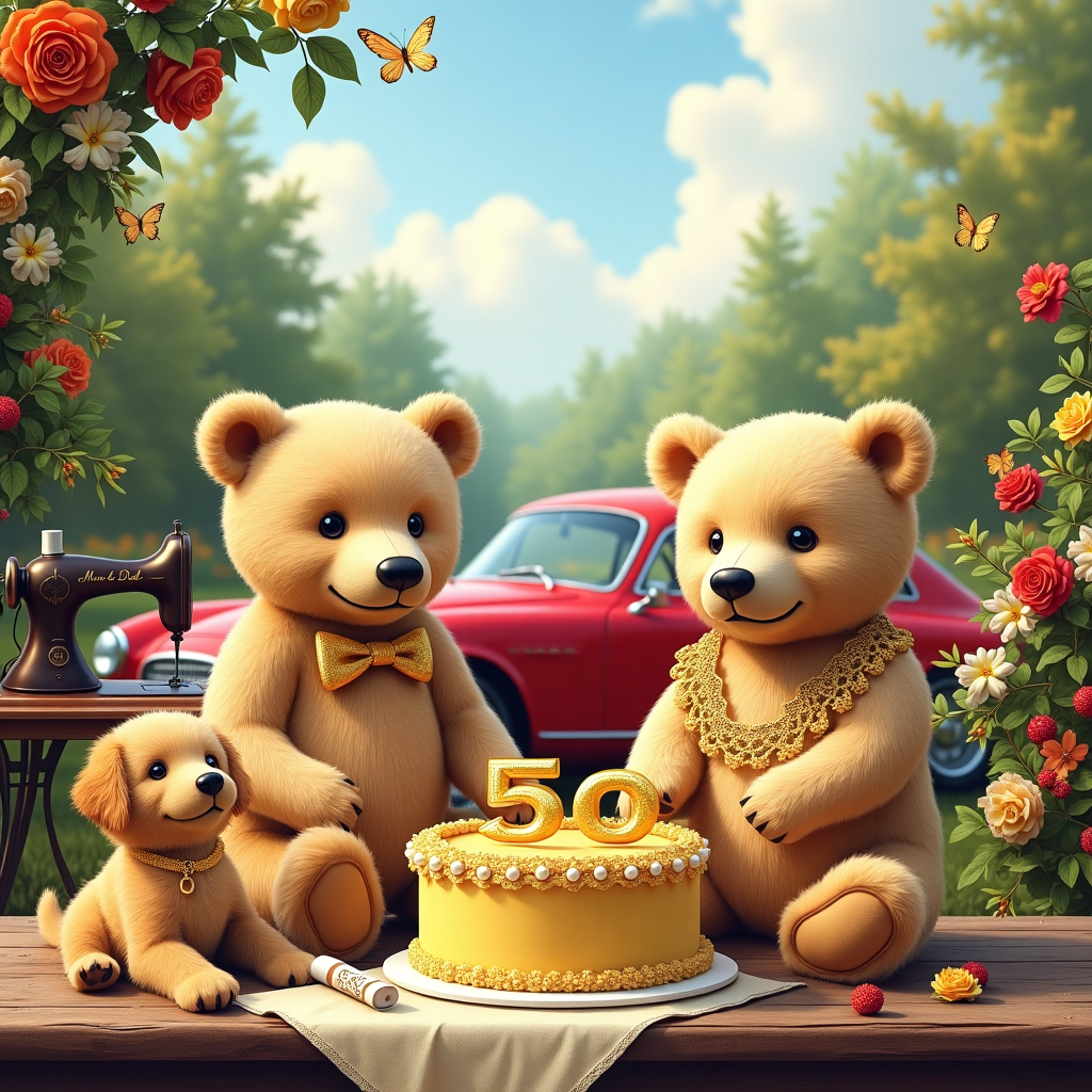 On the front cover of the greeting card, a meticulously detailed scene unfolds to celebrate a Golden Wedding Anniversary. 

In the foreground, two charming, life-like bears, one wearing a delicate golden bow tie and the other with a dainty golden lace shawl, sit side by side. Their fur is so finely detailed that every tuft and strand appears soft and touchable. Between them, a large, ornate cake shaped as the number "50" sits proudly on a rustic wooden table. The cake is covered in shimmering gold fondant, adorned with tiny edible pearls and realistic edible roses that are vibrant shades of red and ivory.

Behind them, the sleek and shiny form of a red Lexus RCF gleams in the gentle sunlight. The car is parked slightly to the right, with its glossy surface reflecting the intricate details of the surrounding environment. The background is a lush, picturesque garden with vibrant green foliage and colorful flowerbeds blooming with reds, yellows, and whites, offering a vivid splash of life and color.

To the left of the scene, a classic sewing machine sits on an antique sewing table, its metallic components glinting softly. Draped over the sewing machine is a partially sewn golden fabric, threads artistically cascading down to the ground.

A cheerful, well-groomed dog with a lustrous coat, perhaps a golden retriever, sits near the sewing machine, its eyes bright and curious. The dog is holding a small, rolled-up banner delicately in its mouth, on which "Mum & Dad" is beautifully scripted in flowing golden letters.

Above, the sky is a soft, serene blue with wispy clouds that cast gentle shadows over the garden. A couple of delicate golden butterflies flutter around, adding a sense of harmony to the scene.

This realistic, photo-style depiction brings together all the elements for a stunning and detailed celebration of a Golden Wedding Anniversary, rich with symbolism and intricate artistry.
Generated with these themes: Golden Wedding Anniversary, Bears, Red Lexus RCF, Sewing Machine, Dog, and 50.
Made with ❤️ by AI.