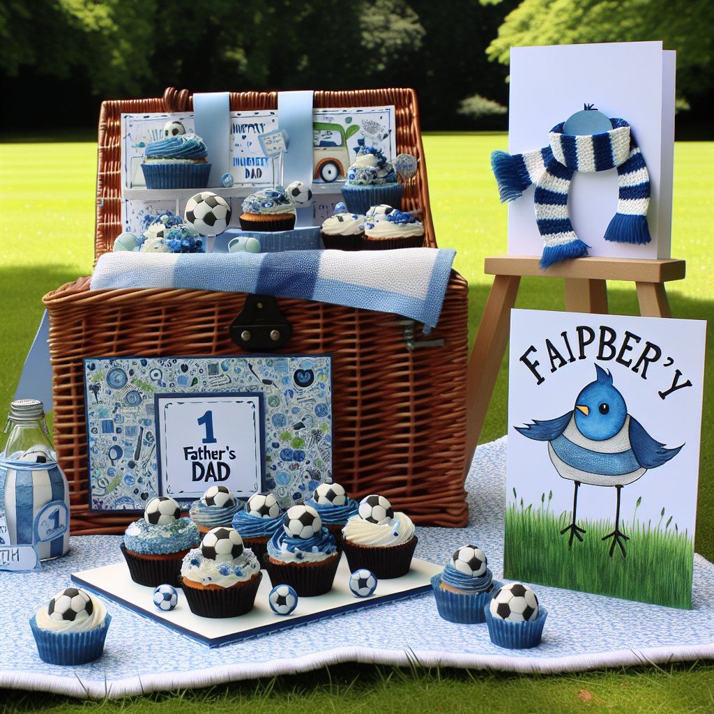 Imagine a sunny green park, in which a charming blue and white picnic is all set under a clear sky. A picnic blanket, patterned with small abstract designs of blue and white, holds center stage with a wicker basket overflowing with treats for Father's Day. A tray that has blue and white-iced cupcakes on it is readily visible, each crowned with a playful fondant ball. There's a DIY card labeled 'Number 1 Dad' next to the basket, its front creatively filled with £andomly illustrated sporting characters. Nearby, a whimsical bluebird cartoon draped in a football scarf stands on a banner that exclaims 'Happy Father's Day' in bold fonts, demonstrating the happiness of family time, sports, and celebrations.
Generated with these themes: Chelsea fc.
Made with ❤️ by AI.