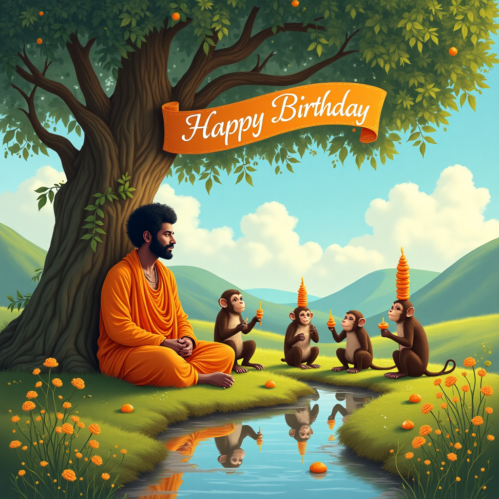 The scene unfolds in an enchanting, dream-like landscape reminiscent of a Beatrix Potter illustration, yet imbued with the vibrant colors and mystical elements that nod to Maxfield Parrish and Arthur Rackham. In the foreground, a serene image of Satya Sai Baba sits cross-legged under a grand banyan tree. The tree's sprawling branches and leaves extend across the top of the card, with a banner intricately woven into the branches reading "Happy Birthday Vasudeva Rao Golla" in ornate, swirling letters. This banner appears as if it's crafted from the tree's own vines and blossoms.

Satya Sai Baba is depicted with his iconic afro hairstyle and serene expression, wearing his traditional orange robe. Around him, a circle of lively, playful monkeys gather, each holding a piece of vibrant orange jilabhi sweet, their eyes twinkling with mischief. One monkey balances a stack of the syrupy confections on its head, capturing a touch of Edward Gorey's quirky humor. 

The ground is a soft carpet of grass sprinkled with delicate wildflowers, akin to a scene by Quentin Blake, where a gentle brook meanders through. Reflections of the jhilabhis can be seen dancing in the brook's clear waters. 

In the background, rolling hills rise gently, painted in the luminous, dream-like hues of a Norman Rockwell landscape. A sky reminiscent of Gustave Doré's ethereal settings stretches above, where fluffy clouds spell out the recipient’s name, "Vasudeva Rao Golla," in a whimsical font, as if written by the breeze itself. 

This imaginative scene combines these elements to tell a vibrant, joyful story, celebrating both tradition and whimsy, perfectly suited for a birthday card that will delight and surprise the recipient.
Generated with these themes: Satya sai baba, and Jilabhi sweet.
Made with ❤️ by AI.