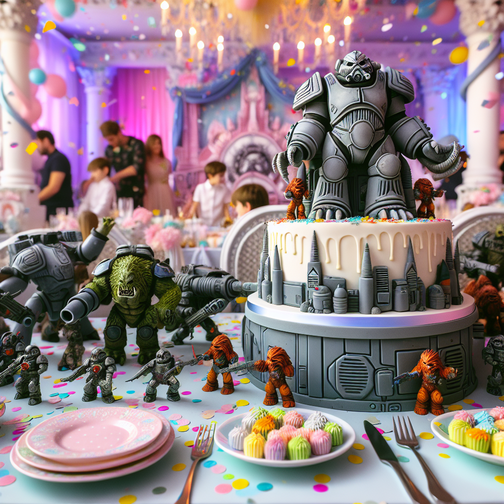 In a vibrant and lively setting with confetti and soft, pastel colors, a thematic birthday party influenced by science fiction is in full swing. Little caricatures depicting armored space warriors, rendered in a lighthearted cartoon style, mingle with guests at a table decorated with unconventional, otherworldly utensils. The birthday table's highlight is a large, fun-filled cake adorned with a sugarcrafted figure resemblant of a beastly space warlord, surrounded by miniature cartoon-like mechanized soldiers. Symbolic representations subtly woven into the charming birthday decor add a layer of intrigue to the celebration.
Generated with these themes: Warhammer 40k Khorne, Worldeaters, and Chaod.
Made with ❤️ by AI.
