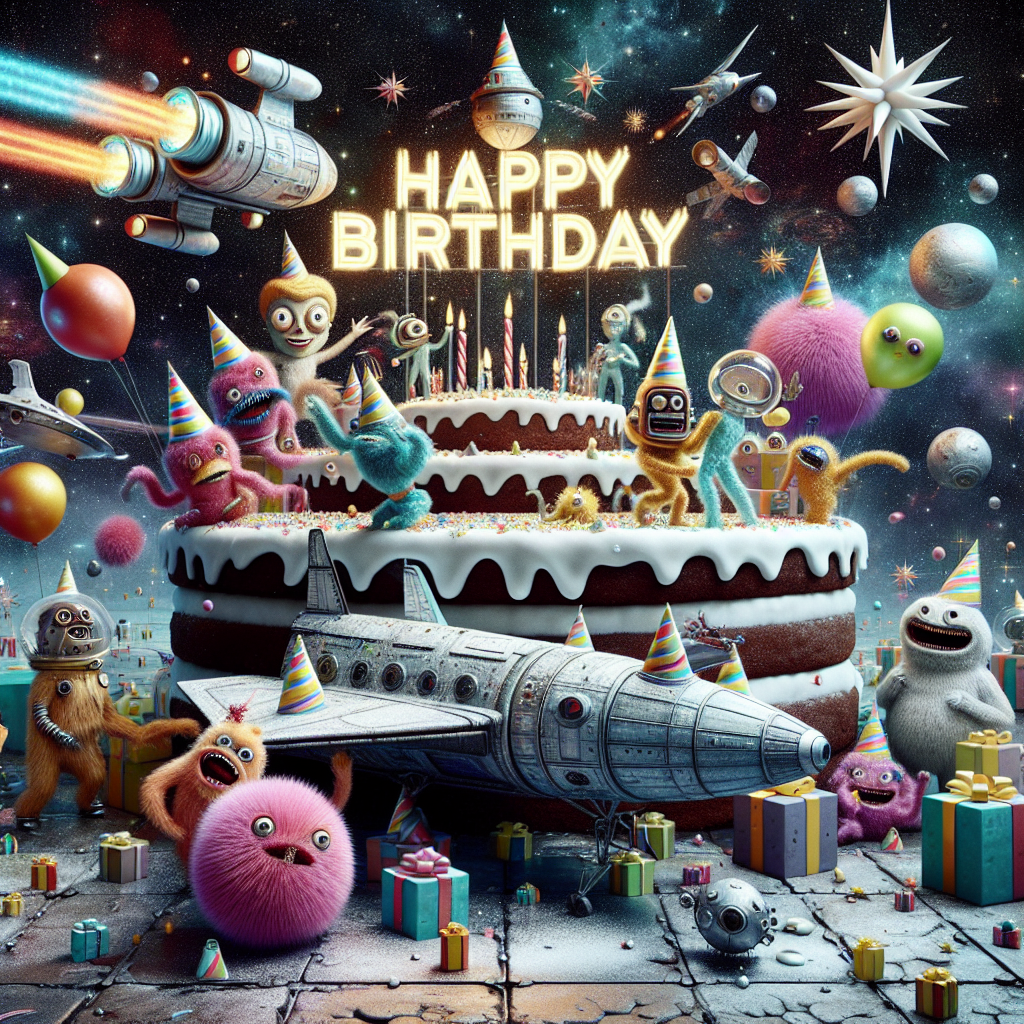 An energetic animated celebration scene is presented against an evocative cosmos-themed backdrop. A classic spaceship, resembling those found in vintage sci-fi stories, sails across an icing covered cake. Imaginary characters iconic to science fiction narratives, each wearing festive cones on their heads, blend with whimsical creatures grasping inflated spheres. A large festive signage expressing 'Happy Birthday' in vivid hues dangles overhead, with shimmering celestial bodies and a touch of wit as tiny fluffball-like beings humorously disperse among the presents.
Generated with these themes: Star Trek.
Made with ❤️ by AI.
