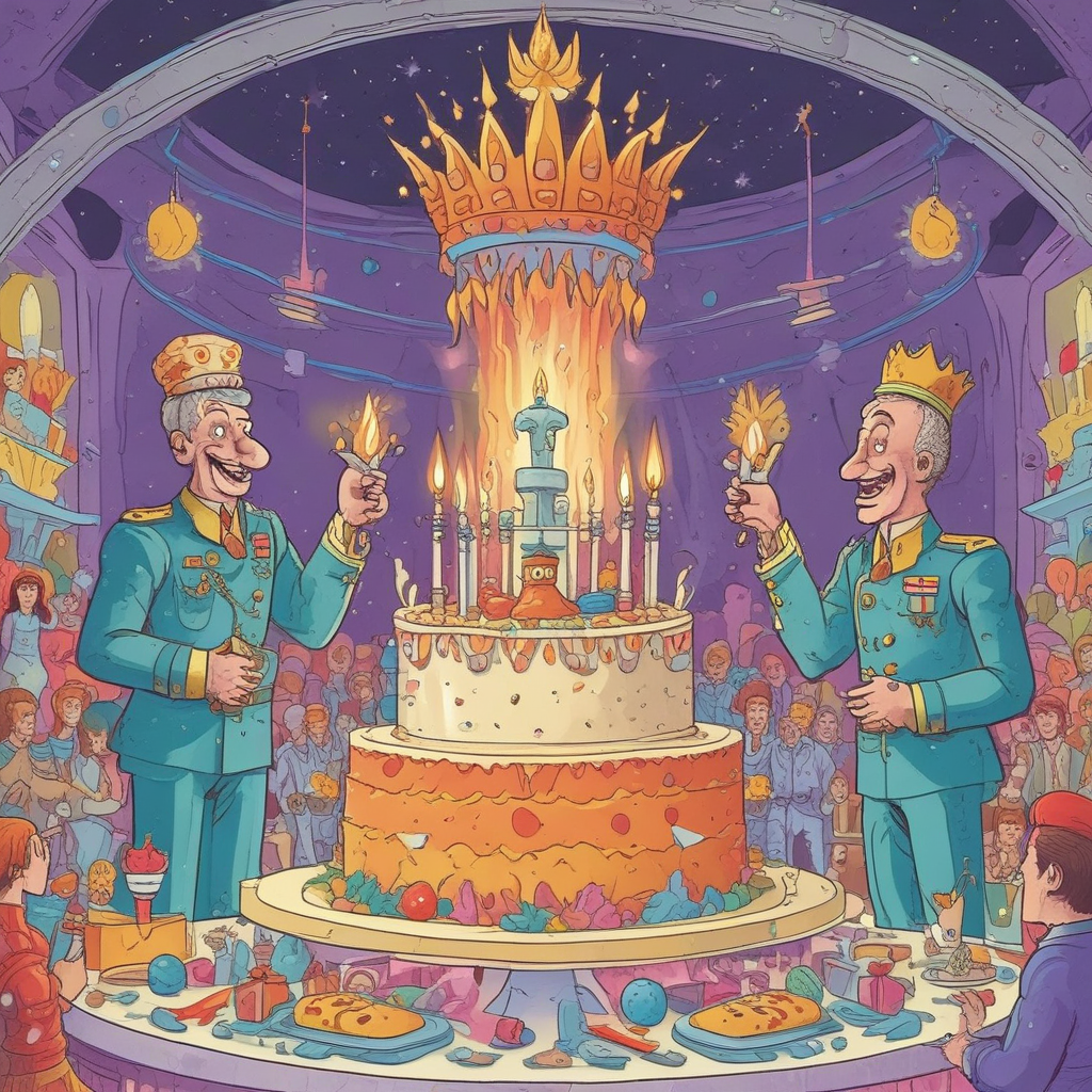 Cartoon Funny, In a cartoonish depiction of a spaceship command center, a jovial celebration is unfurling. Two human figures, one exhibiting leadership traits and the other demonstrating logical-fascination, are stationed by a colossal, vibrant cake fashioned like an emblem from a paramilitary interspecies federation. The cake is a crown of candles primed for ignition. Paper shreds linger in the air along with an aura of cheer. Another person, identifiable by their communication headset and uniform, is guiding an assortment of grinning extraterrestrial guests in a melody of jubilation, while a banner displaying the phrase 'Live long and prosper' is strung across the control desk.
Generated with these themes: Star Trek.
Made with ❤️ by AI.