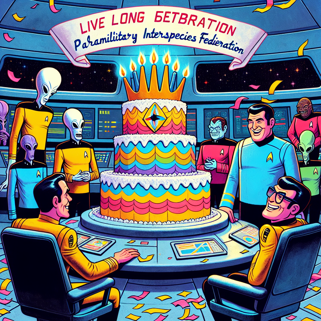In a cartoonish depiction of a spaceship command center, a jovial celebration is unfurling. Two human figures, one exhibiting leadership traits and the other demonstrating logical-fascination, are stationed by a colossal, vibrant cake fashioned like an emblem from a paramilitary interspecies federation. The cake is a crown of candles primed for ignition. Paper shreds linger in the air along with an aura of cheer. Another person, identifiable by their communication headset and uniform, is guiding an assortment of grinning extraterrestrial guests in a melody of jubilation, while a banner displaying the phrase 'Live long and prosper' is strung across the control desk.
Generated with these themes: Star Trek.
Made with ❤️ by AI.