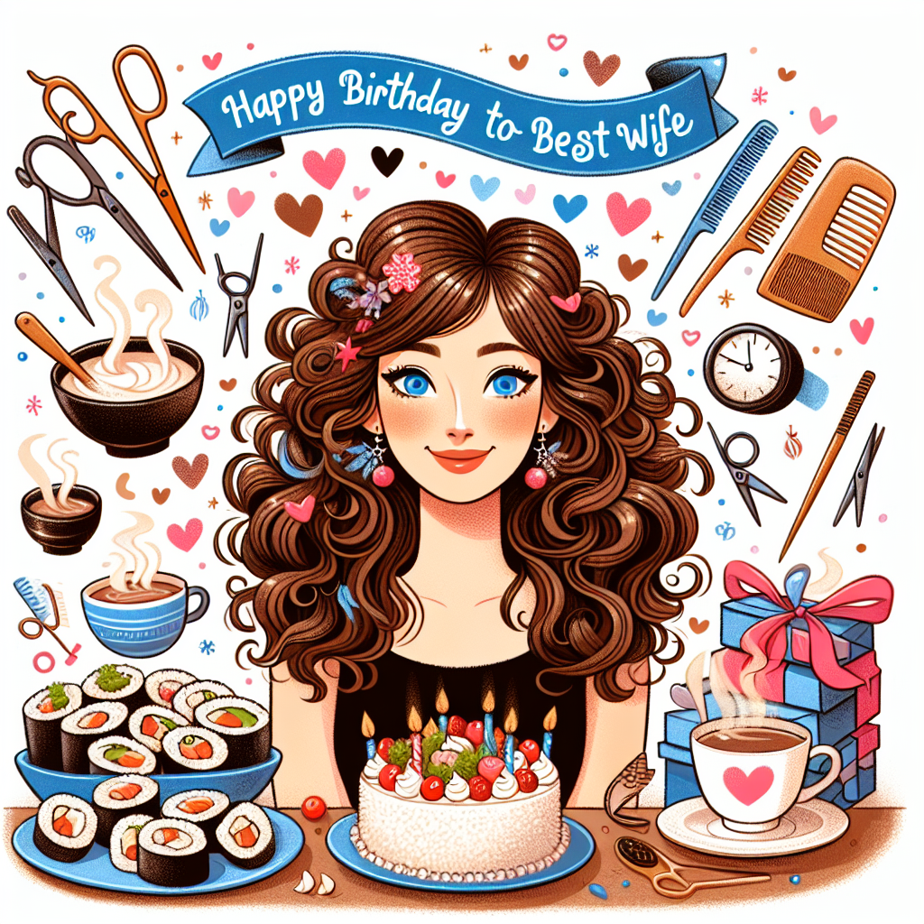 Create a whimsical birthday illustration for a Caucasian woman's 30th birthday. Place at the center a cheerful woman with brown, wavy, curly hair and sparkling blue eyes. Surround her with a vibrant array of sushi platters, her favorite indulgence, and steaming mugs of hot chocolate, creating a cozy ambiance. Scatter little scissors and combs playfully around her to reflect her passion for hairdressing. Above her, let a banner flutter with the text 'Happy Birthday to the World's Best Wife' and include floating hearts, signifying the love infused in her special day.
Generated with these themes: 30th birthday, Woman with brown wavy curly hair and blue eyes , Sushi, Hot chocolate drinks, Hairdressing , Hairdresser, and Wife.
Made with ❤️ by AI.