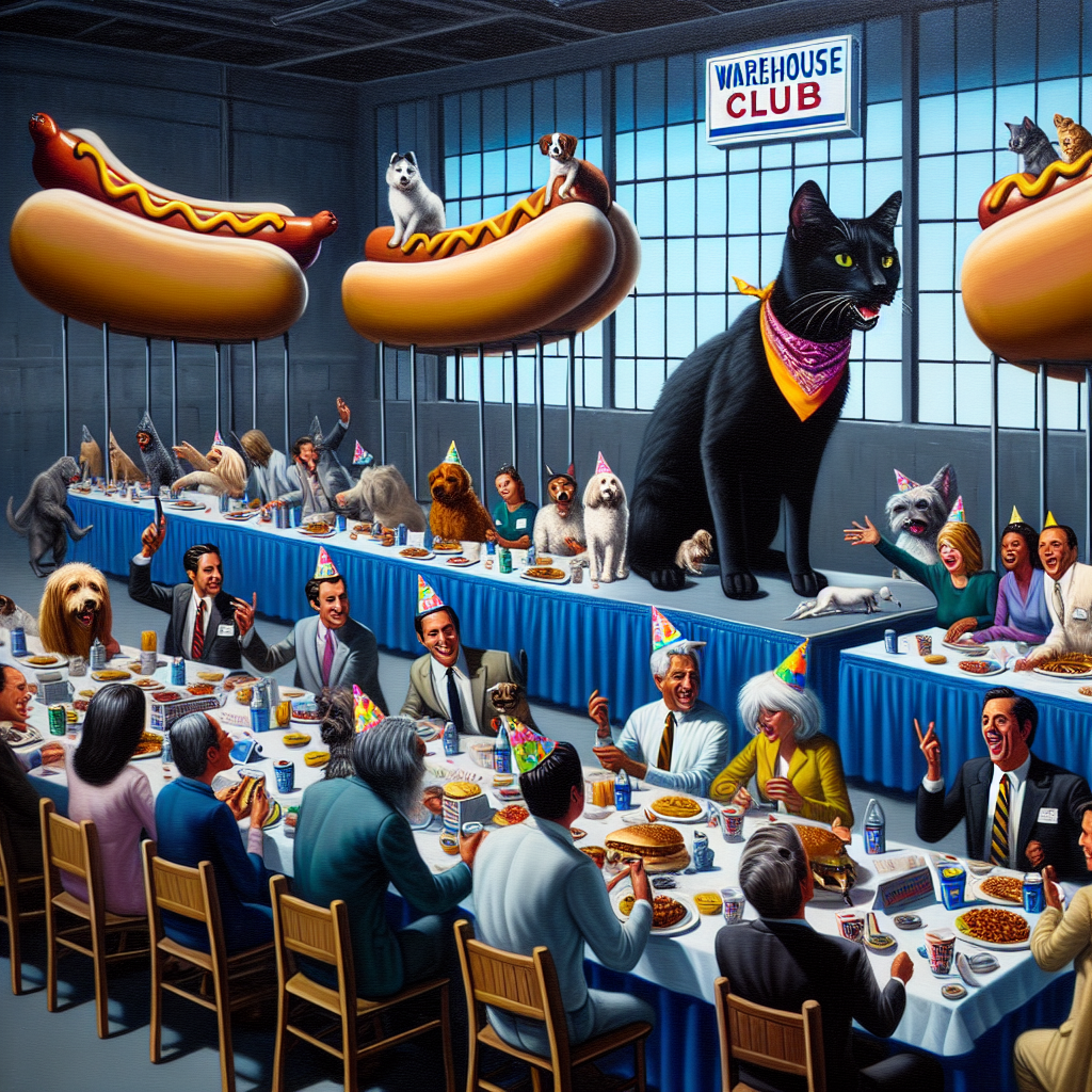Let's envision a surreal yet realistic birthday scene with animated dogs and cats, making it a true spectacle. One particular black cat, radiant in a splash of color from a bandana and playfully interacting with guests, distinguishes itself. The striking setting is modeled after a whimsical warehouse club with oversized hot dog stands serving as intriguing centerpieces - each prominently features a generic warehouse club logo. An unidentified contemporary band's music subtly pervades the atmosphere, lending an edgy, modern vibe. Many attendees, a mixture of men and women educators of different descents (Caucasian, Asian, Middle-Eastern, and others), engage in intense debates. Unusual hats adorn their heads, ranging from floating lessons to abstract sculptures, all testing the limits of conventional design.
Generated with these themes: Dogs and cats (especially little gay black cats), Costco wholesale (especially their hot dogs), Enter shikari, Teaching, and Strange hats.
Made with ❤️ by AI.