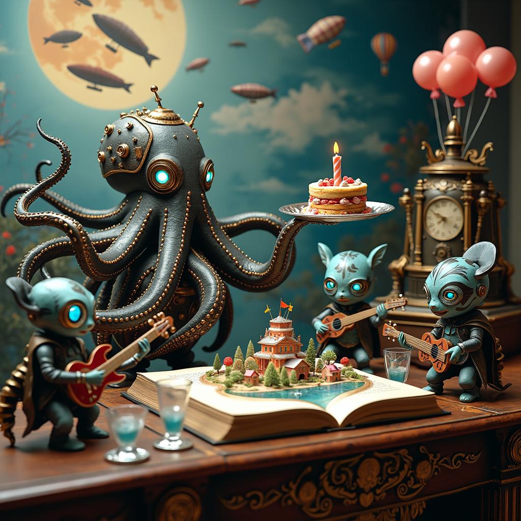 In a whimsical steampunk birthday party, a large mechanical octopus, adorned with brass gears and steam pipes, serves cake slices from a silver platter. Its tentacles, intricately decorated with cogs, bring to life a celebration where anthropomorphic books join the fun. Each book, complete with expressive faces, tiny arms, and legs, embodies famous literary characters: one resembles Sherlock Holmes, sporting a deerstalker hat and magnifying glass, while another brings Dracula to life with tiny fangs and a flowing cape.

To the right, a rock band comprised of traditional Japanese Hannya masks passionately plays electric guitars and ancient Japanese drums on a polished mahogany stage, magically suspended by helium balloons shaped like koi fish. The vibrant blue patterns on the Hannya masks harmonize with the glowing blue strings of their instruments, pulsating beautifully with each chord played.

At the center of this imaginative scene stands a large open book, featuring steampunk elements like brass corners and gears, propped up on an ornate lectern. Its animated pop-up illustration reveals a quaint, Beatrix Potter-inspired town boasting a tiny bakery, a clock tower, and a group of Edward Gorey-styled animals celebrating joyfully. The town's inhabitants toast with tiny steampunk-style glasses filled with blue sake, as blue silk streamers flutter overhead, enhancing the festive atmosphere.

In the background, a striking mural inspired by Japanese art and true crime tales showcases a dramatic scene of a traditional Japanese detective in a kimono and steampunk goggles, solving a mystery under the glow of a lantern with cherry blossoms drifting around him. A shadowy figure lurks ominously behind the detective, contributing to the air of intrigue.

Above this enchanting tableau, dirigibles and hot air balloons float gracefully through the sky, each adorned with glowing blue lanterns and intricate Japanese calligraphy spelling out "Happy Birthday" in both English and Kanji. This vibrant scene is filled with elements that seamlessly blend diverse themes, creating a fantastical depiction, perfect for a truly unique birthday greeting card. 

Generated with these themes: Books, Rock Music, Blue, Steampunk, Japanese art, and True crime. Made with ❤️ by AI.