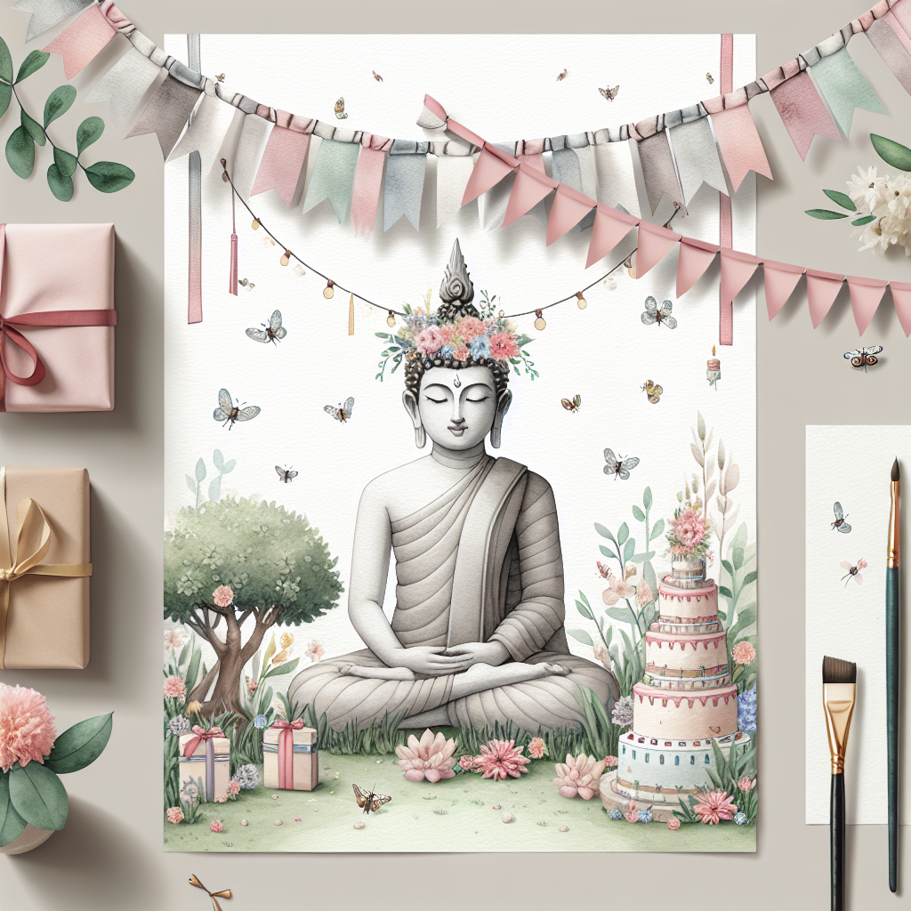 Create an image portraying a peaceful depiction of Rharam Buddha situated within a charming birthday garden celebration. The visualization includes hand-illustrated festoons draping across the top. Positioned below is the benign Buddha, beautified with a sophisticated crown made of flowers, and nearby is a petite stack of birthday gifts bound with colourful ribbons. The application of muted watercolor shades builds a welcoming and cozy atmosphere, where tiny bugs drift around, contributing to the captivating ambiance of a birthday party.
Generated with these themes: Rhubarb Buddha.
Made with ❤️ by AI.